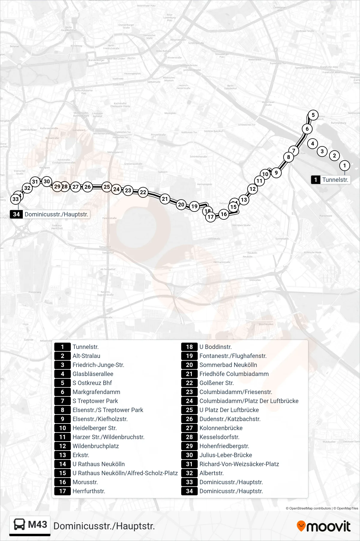 Linie M43 (Bus) Richtung Dominicusstr./Hauptstr.: Route und Haltestellen auf der Karte