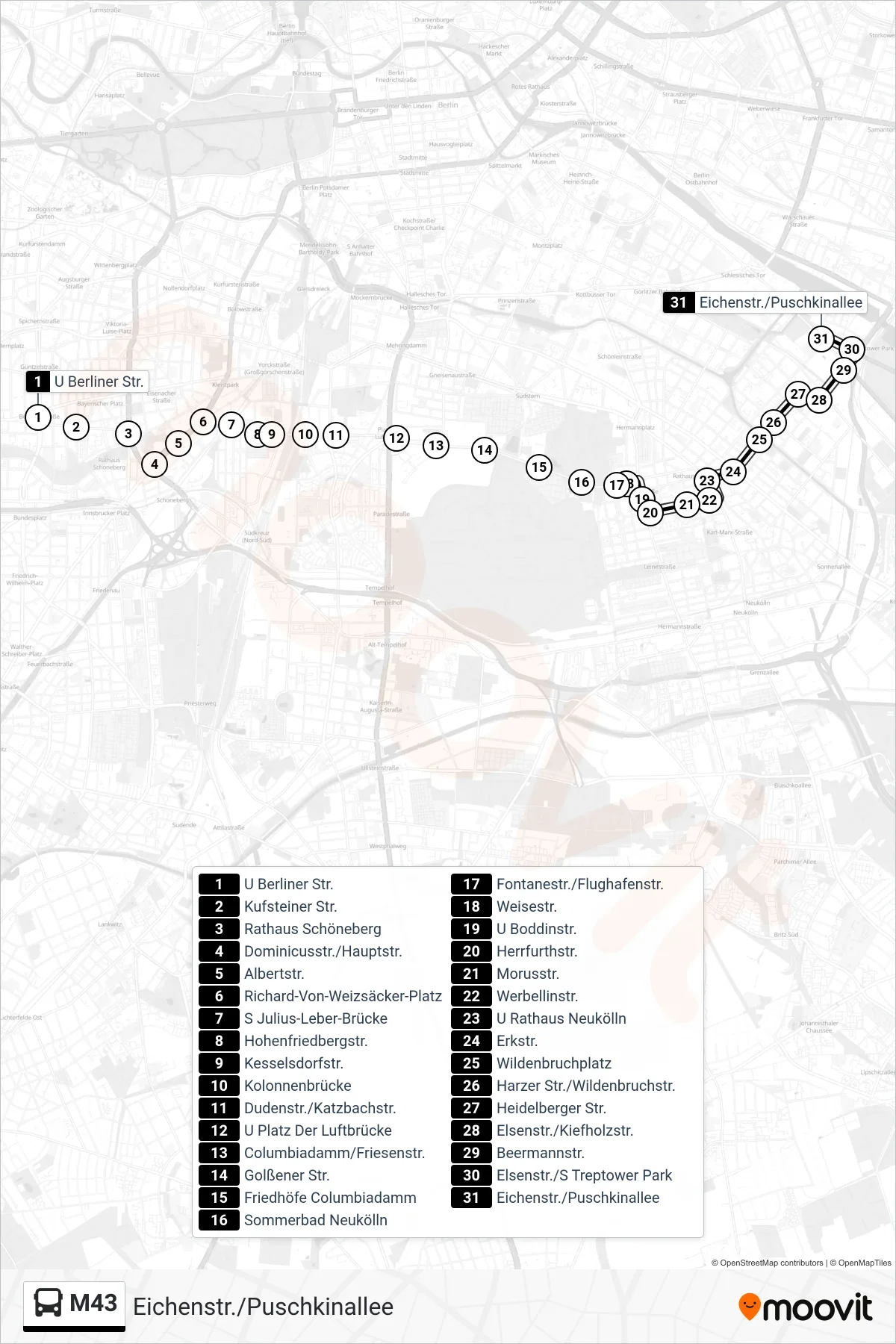 Linie M43 (Bus) Richtung Eichenstr./Puschkinallee: Route und Haltestellen auf der Karte