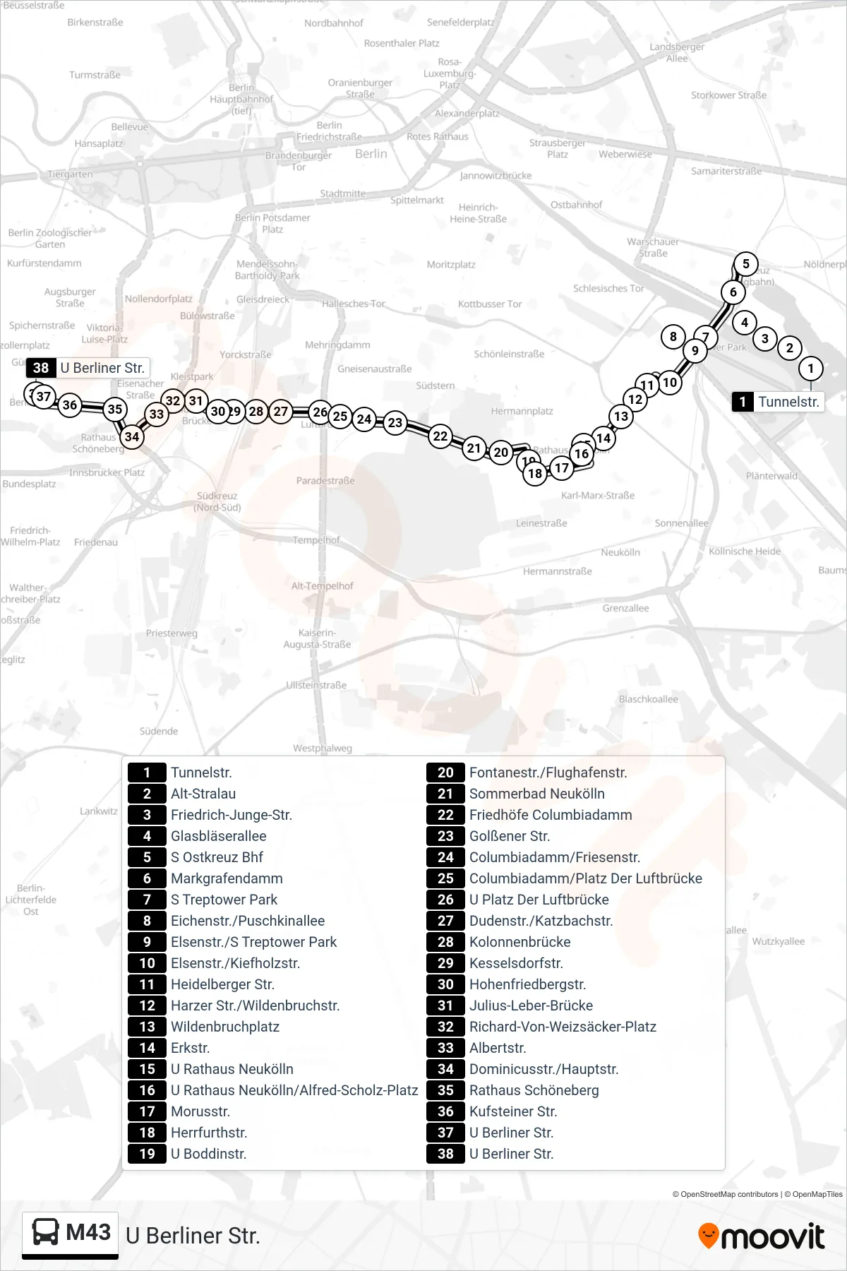 M43 bus Line (U Berliner Str.) route and stops on a map