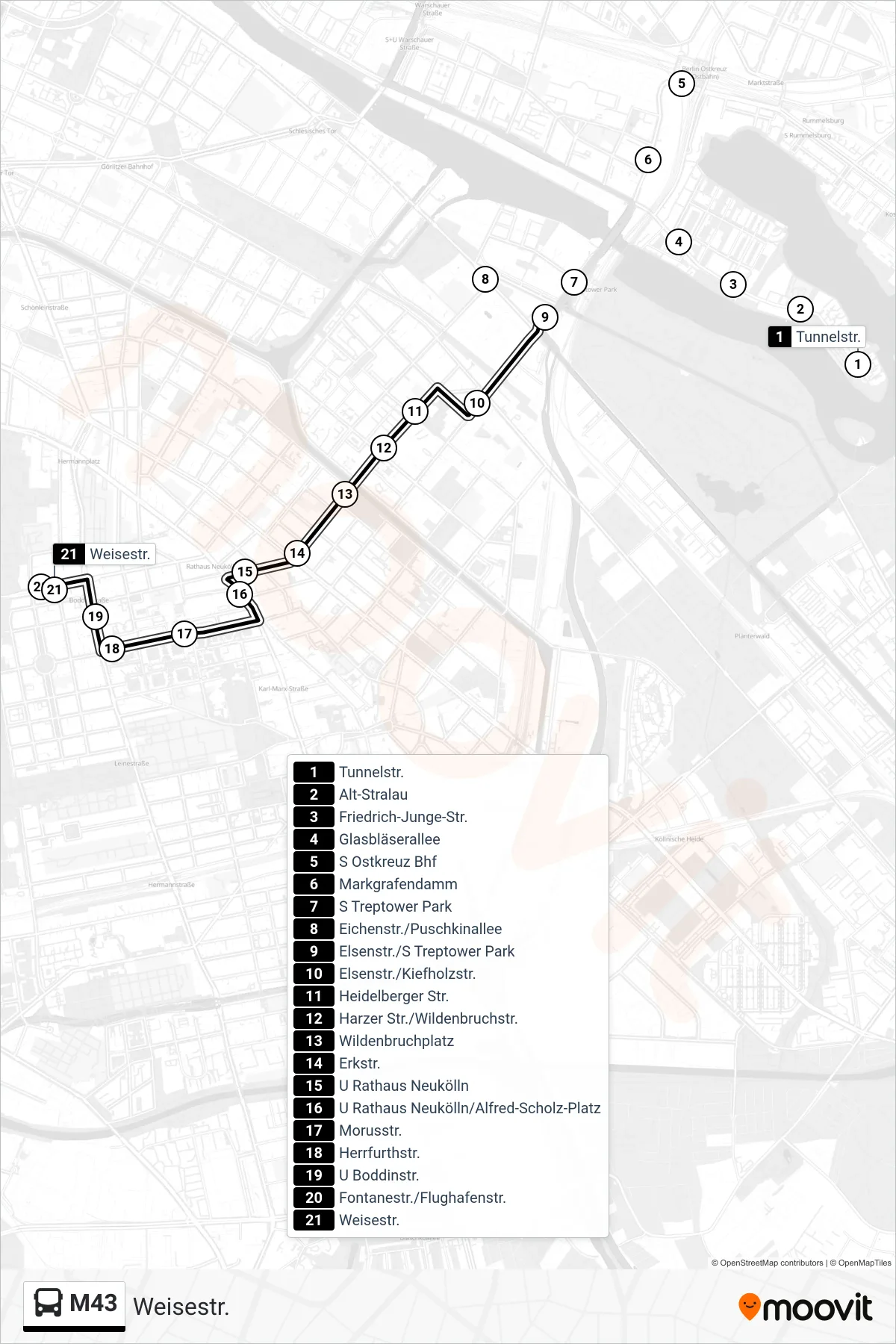 M43 bus Line (Weisestr.) route and stops on a map