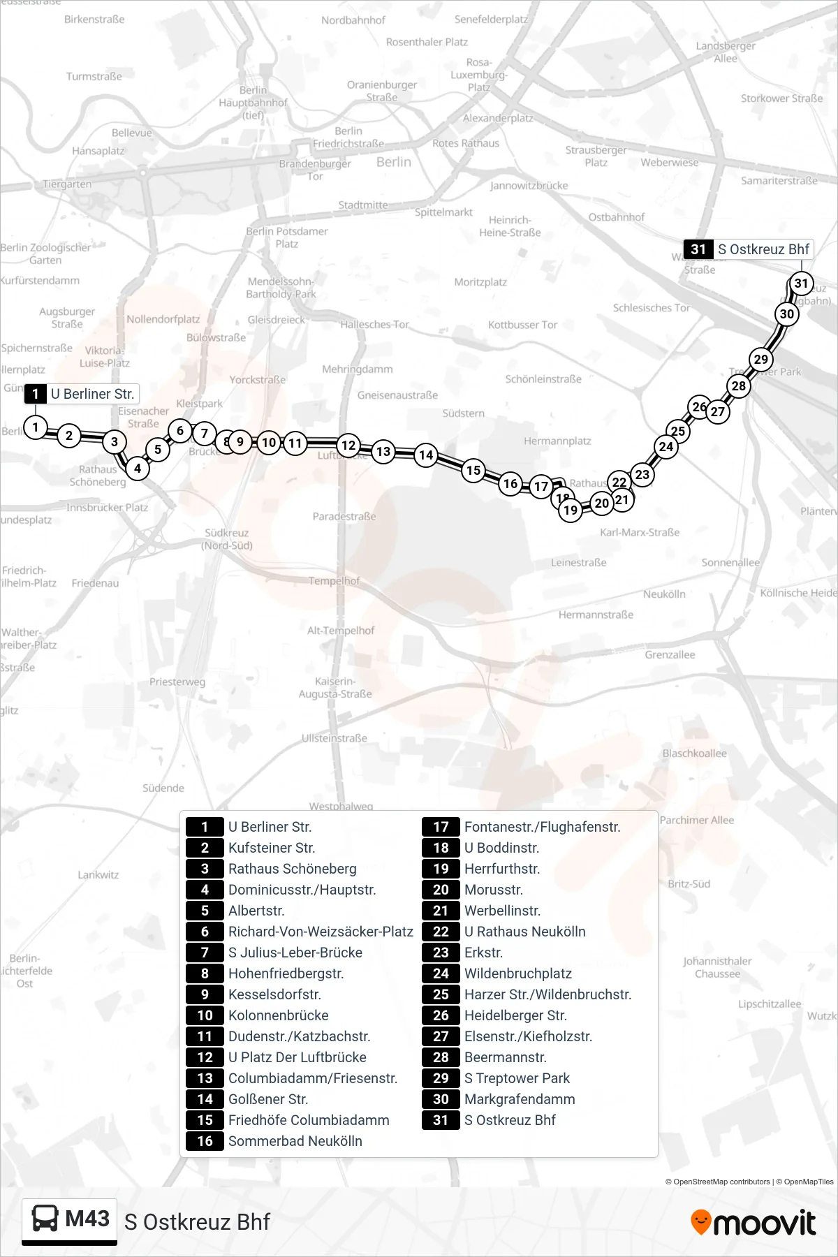 Linie M43 (Bus) Richtung S Ostkreuz Bhf: Route und Haltestellen auf der Karte