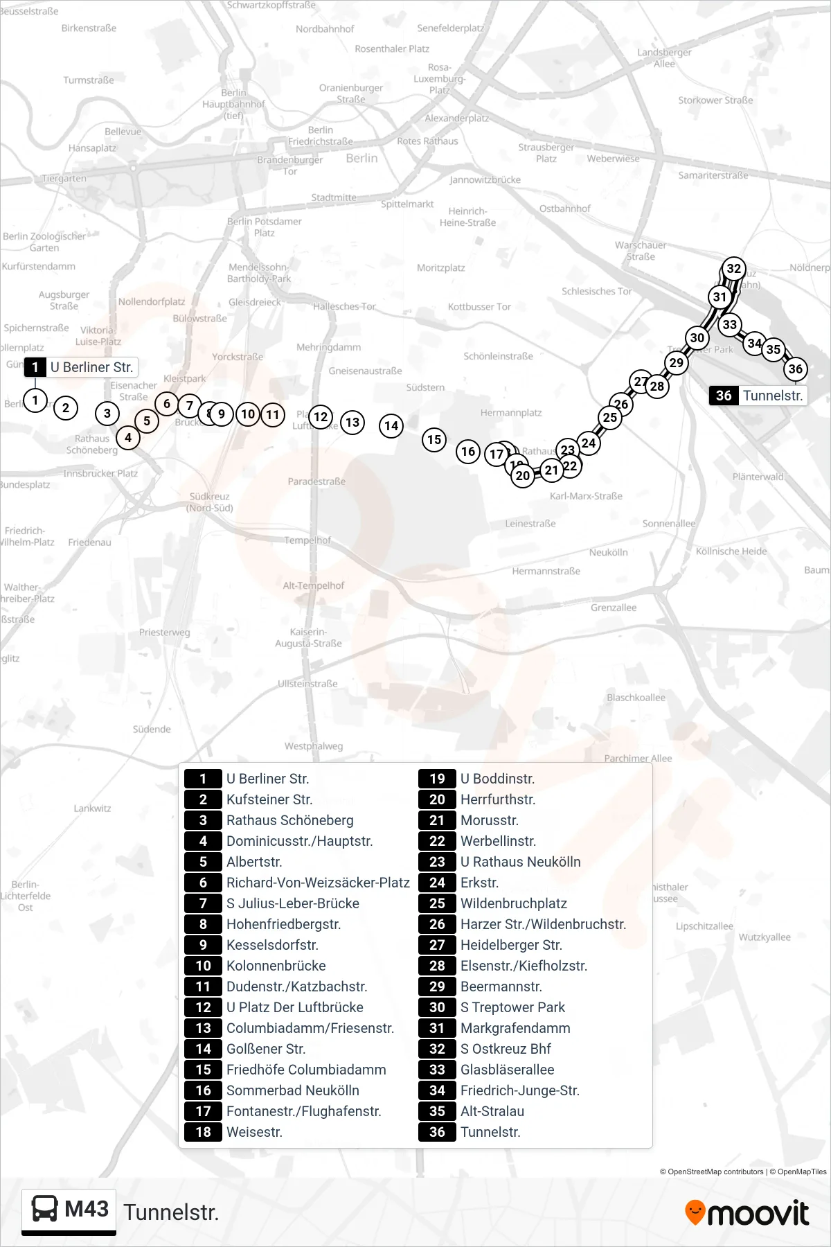 M43 bus Line (Tunnelstr.) route and stops on a map
