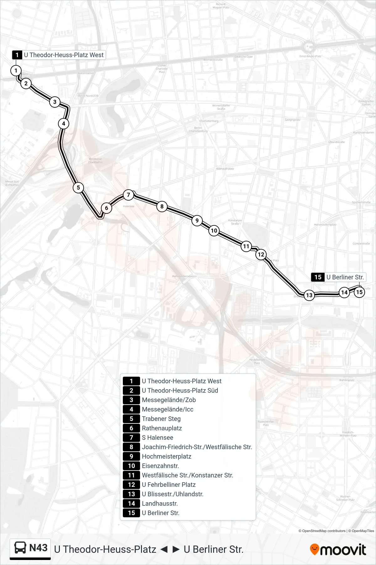 Linie N43 (Bus) Richtung U Berliner Str.: Route und Haltestellen auf der Karte
