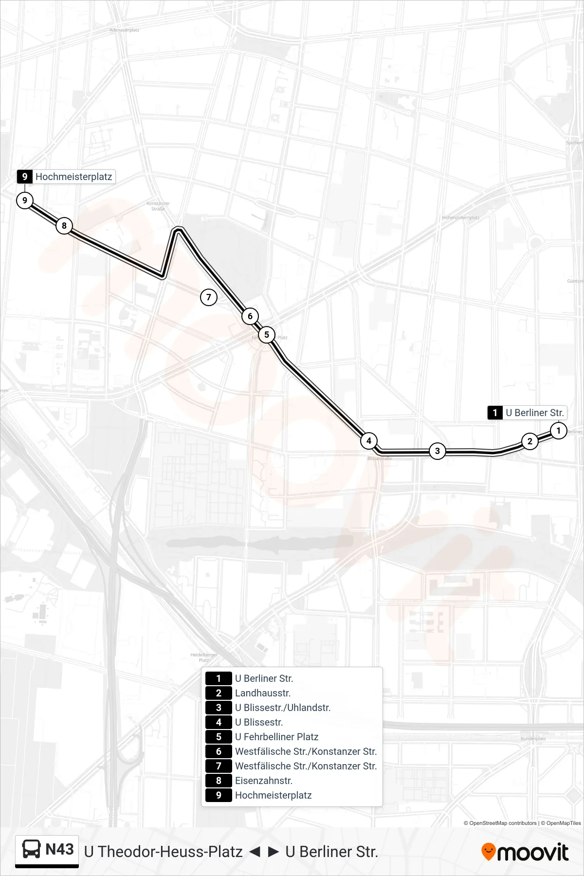 Linie N43 (Bus) Richtung Hochmeisterplatz: Route und Haltestellen auf der Karte