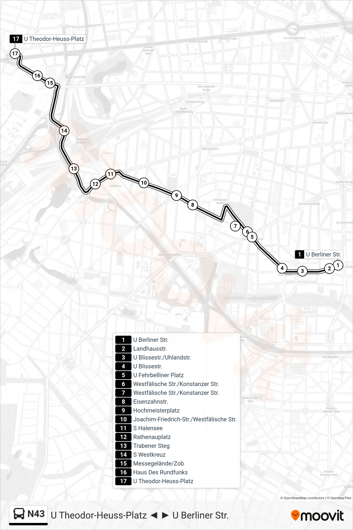 Linie N43 (Bus) Richtung U Theodor-Heuss-Platz: Route und Haltestellen auf der Karte