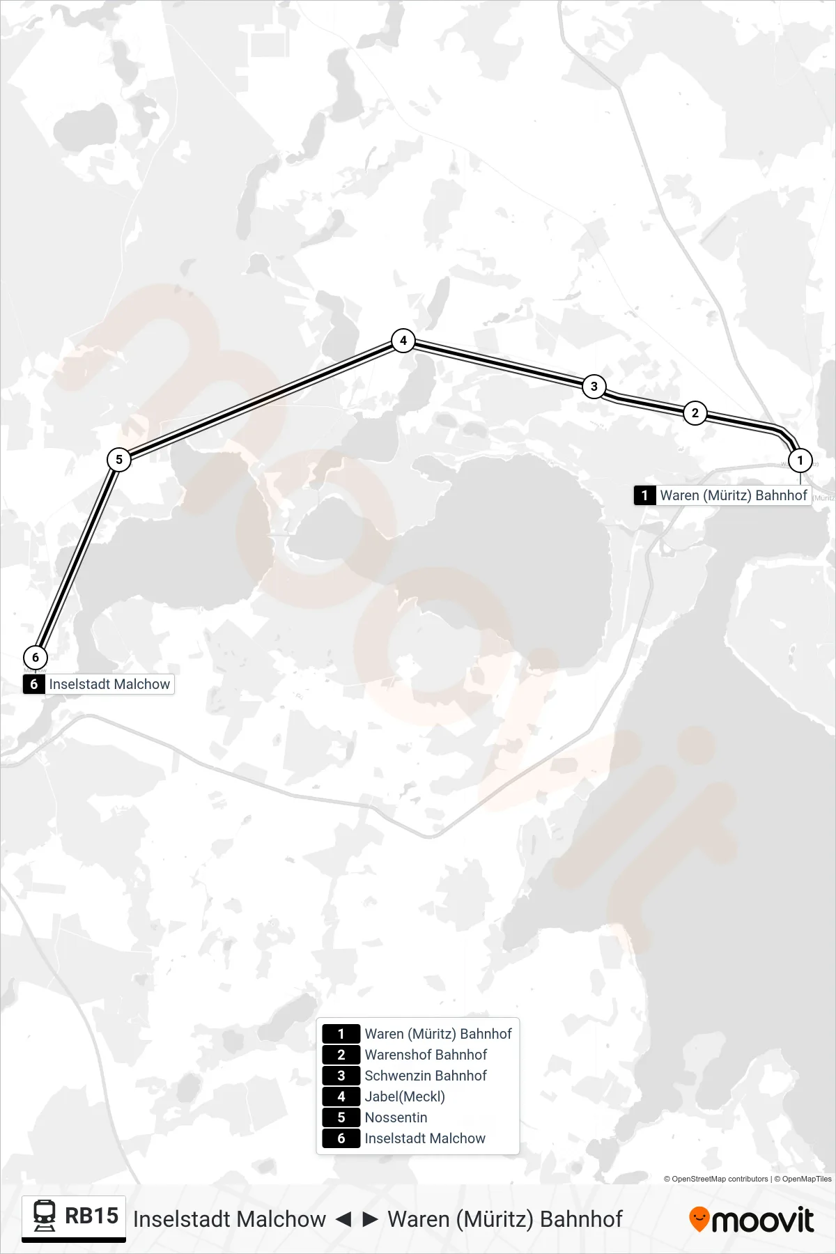Linie RB15 (Bahn) Richtung Inselstadt Malchow: Route und Haltestellen auf der Karte