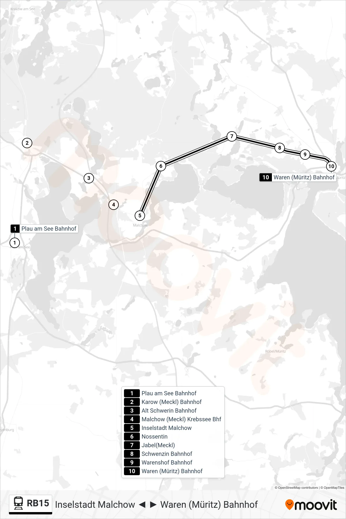 RB15 rail Line (Waren (Müritz) Bahnhof) route and stops on a map