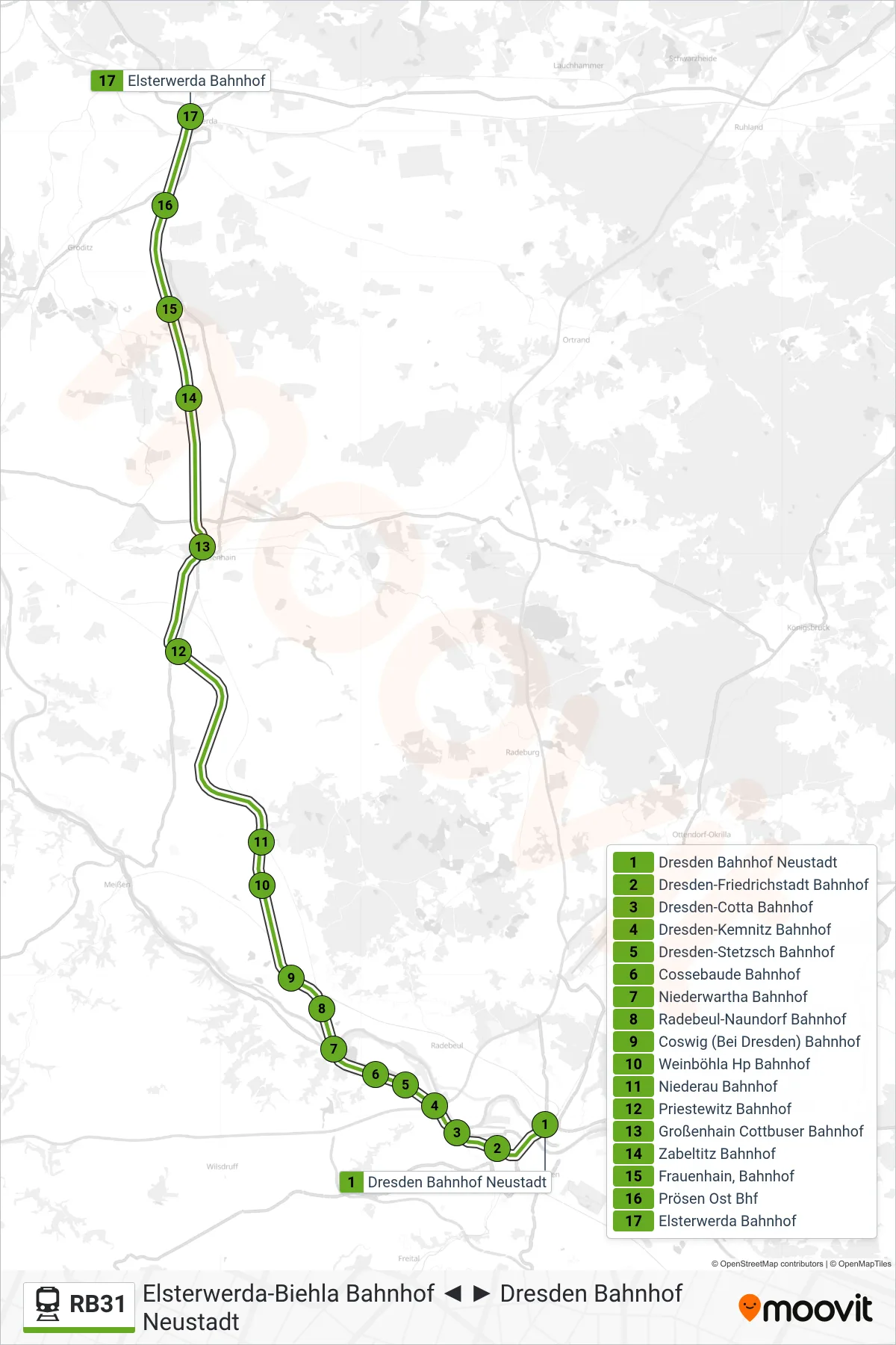 Linie RB31 (Bahn) Richtung Elsterwerda Bahnhof: Route und Haltestellen auf der Karte