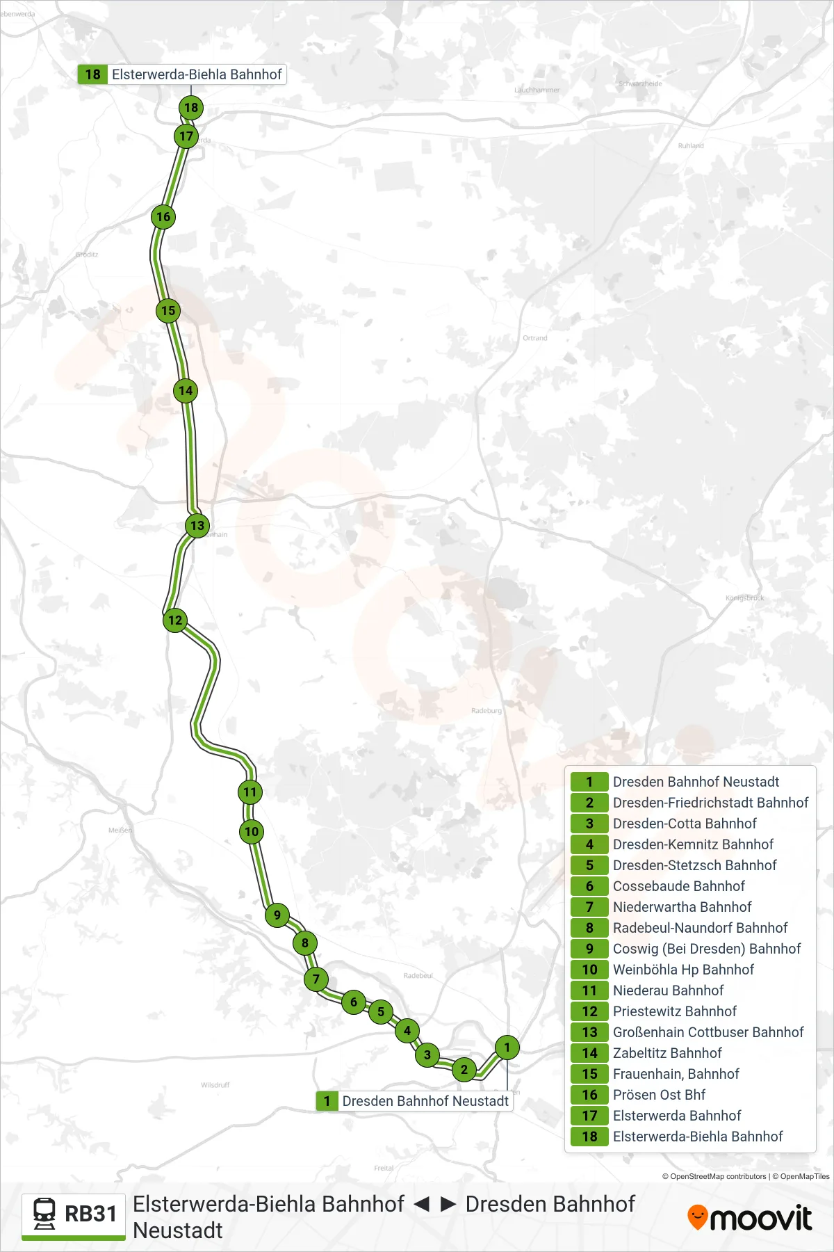 Linie RB31 (Bahn) Richtung Elsterwerda-Biehla Bahnhof: Route und Haltestellen auf der Karte