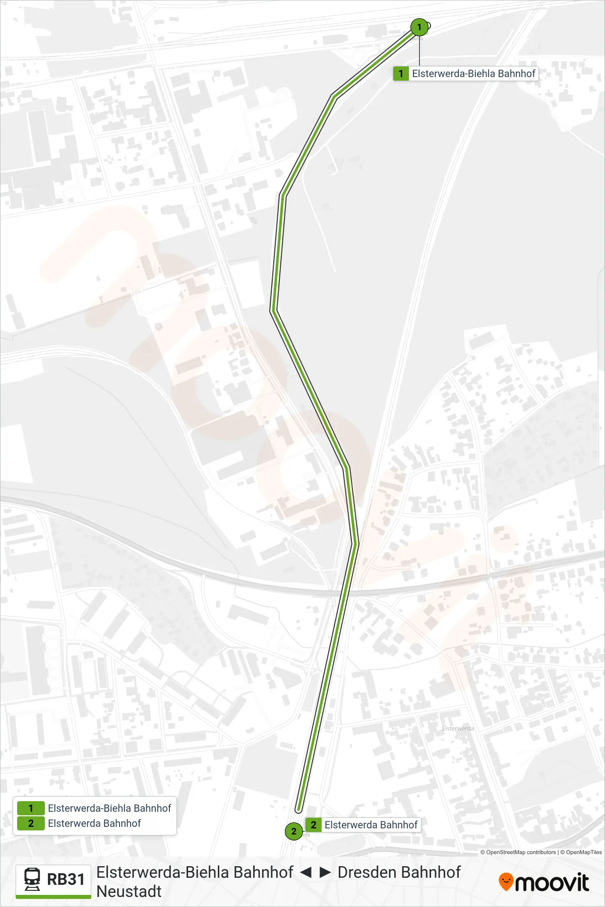 Linie RB31 (Bahn) Richtung Elsterwerda Bahnhof: Route und Haltestellen auf der Karte