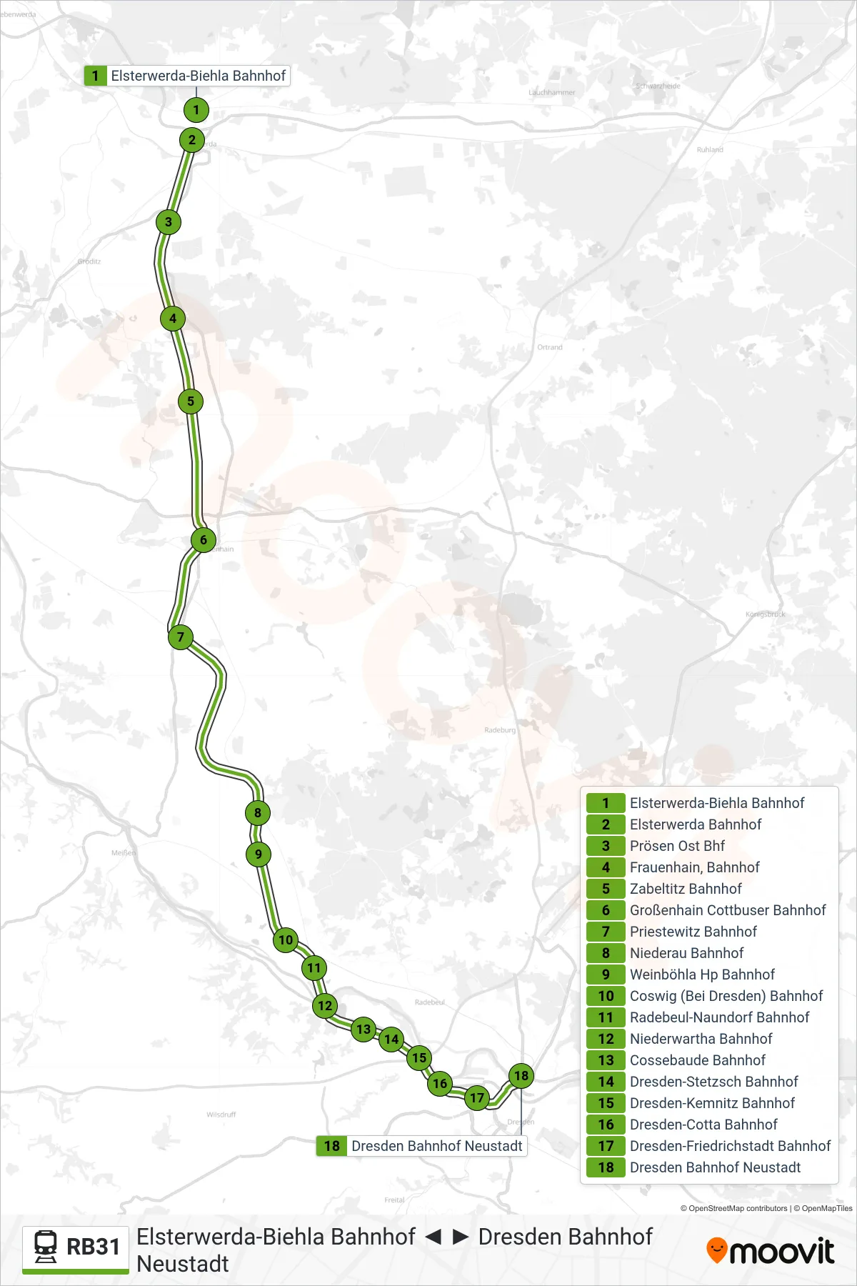 Linie RB31 (Bahn) Richtung Dresden Bahnhof Neustadt: Route und Haltestellen auf der Karte