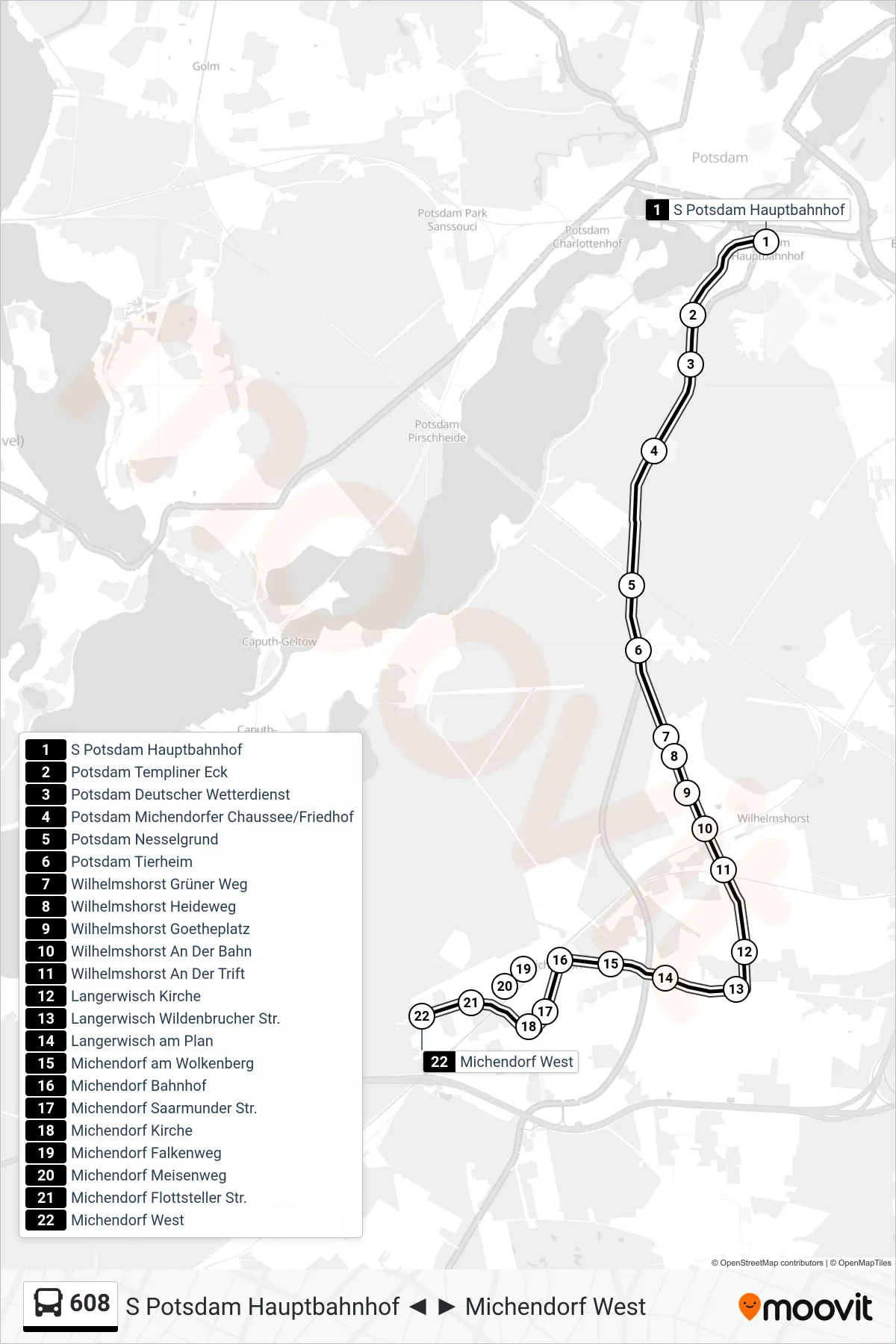 Linie 608 (Bus) Richtung Michendorf West: Route und Haltestellen auf der Karte
