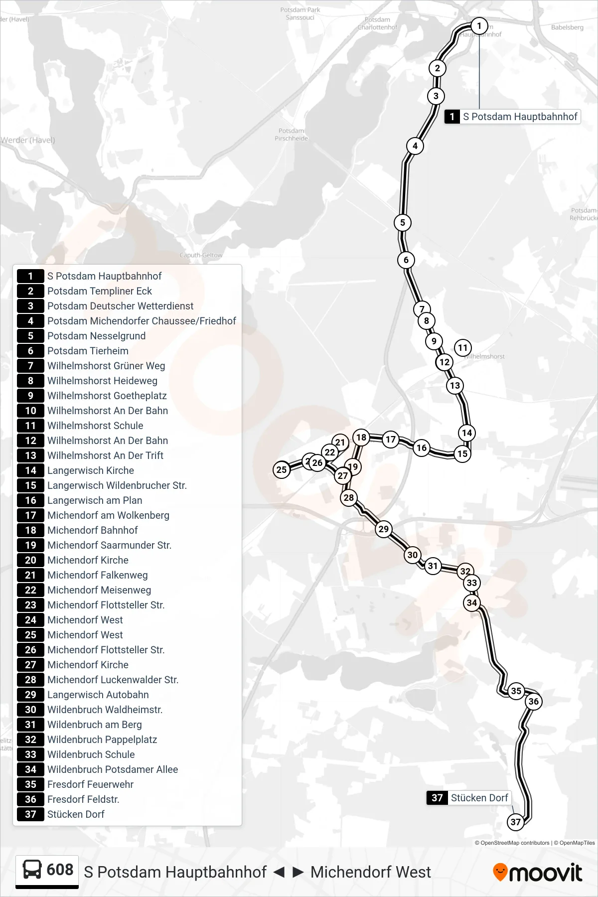 608 bus Line (Stücken Dorf) route and stops on a map
