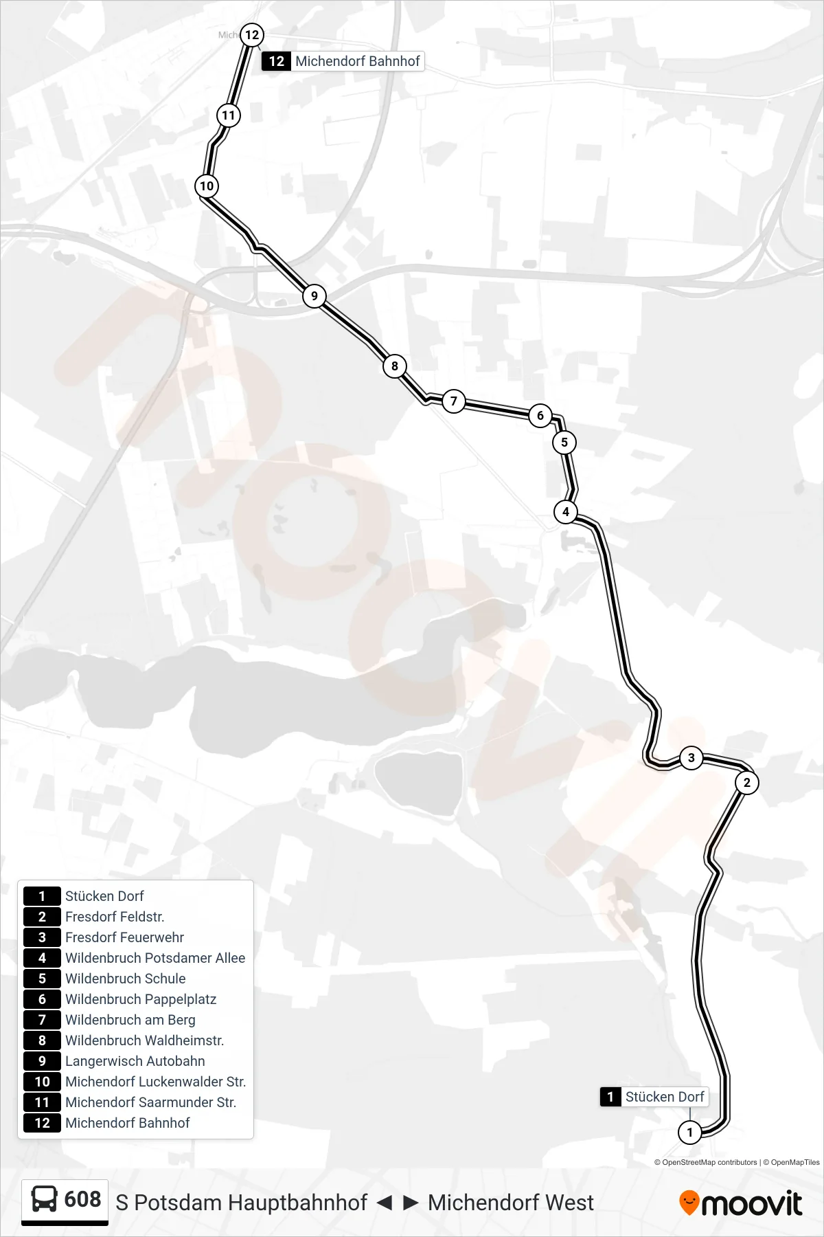 Linie 608 (Bus) Richtung Michendorf Bahnhof: Route und Haltestellen auf der Karte