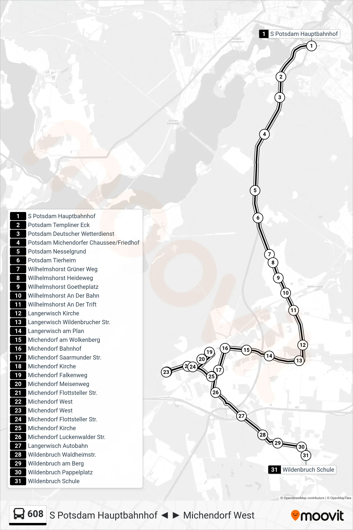 Linie 608 (Bus) Richtung Wildenbruch Schule: Route und Haltestellen auf der Karte