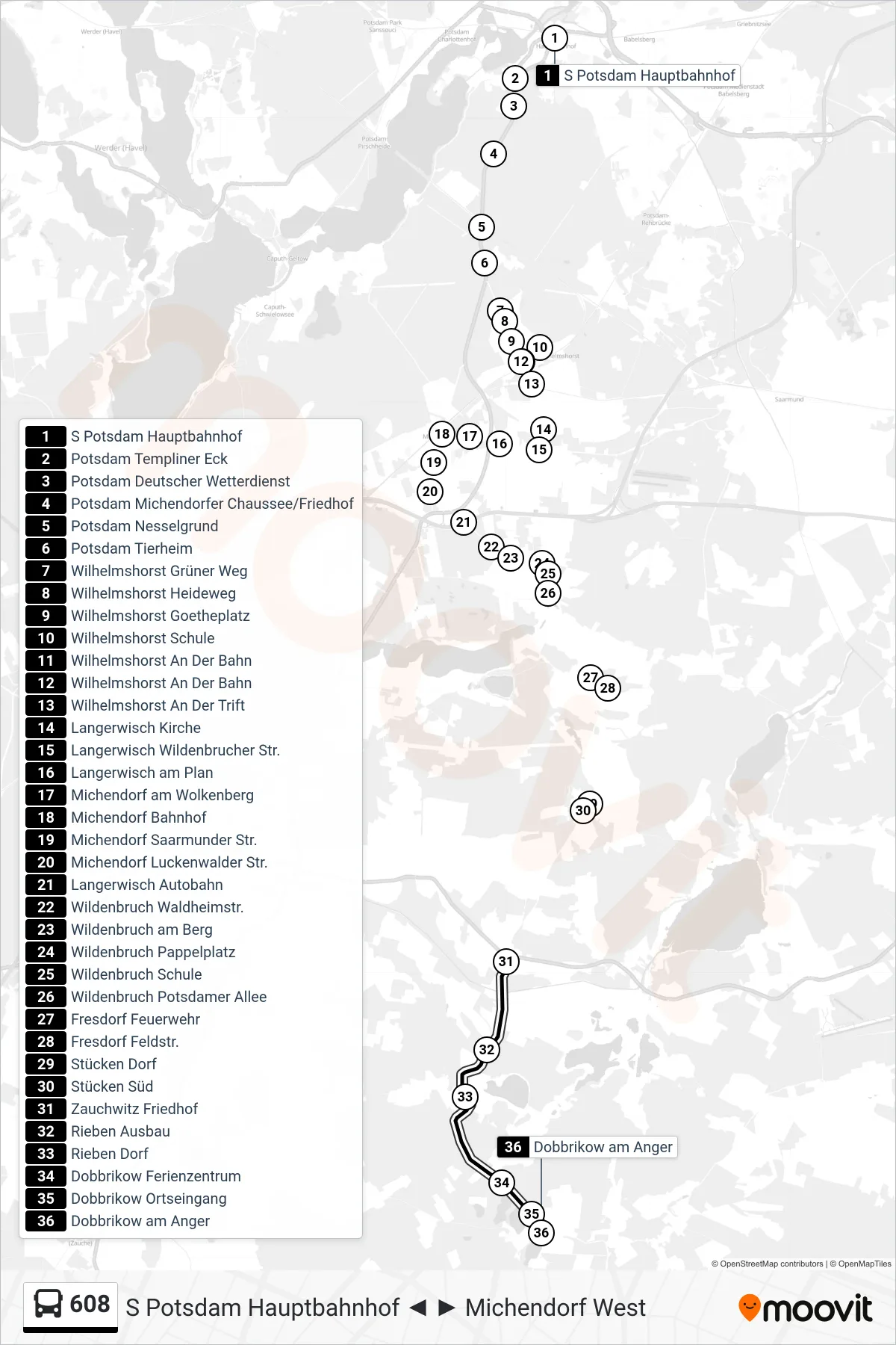 608 bus Line (Dobbrikow am Anger) route and stops on a map