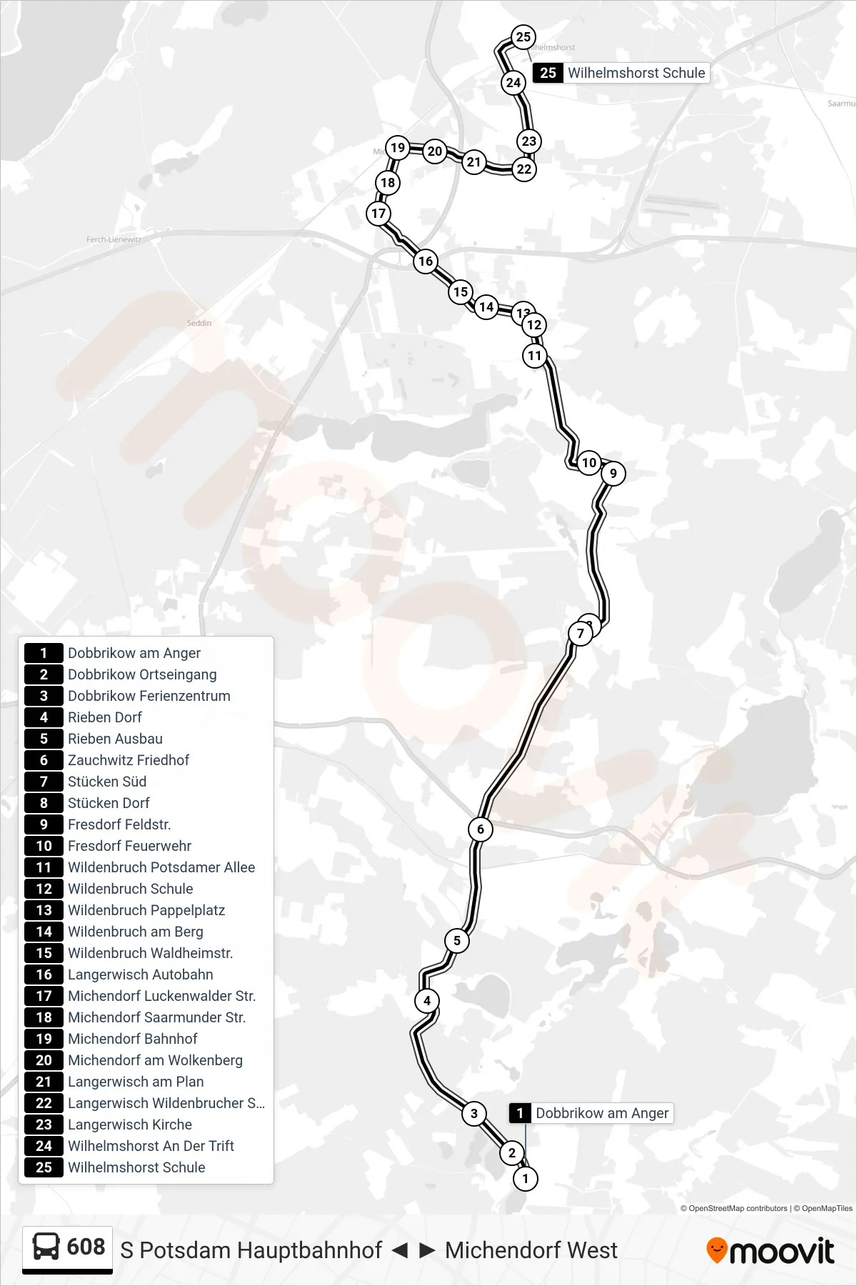 608 bus Line (Wilhelmshorst Schule) route and stops on a map
