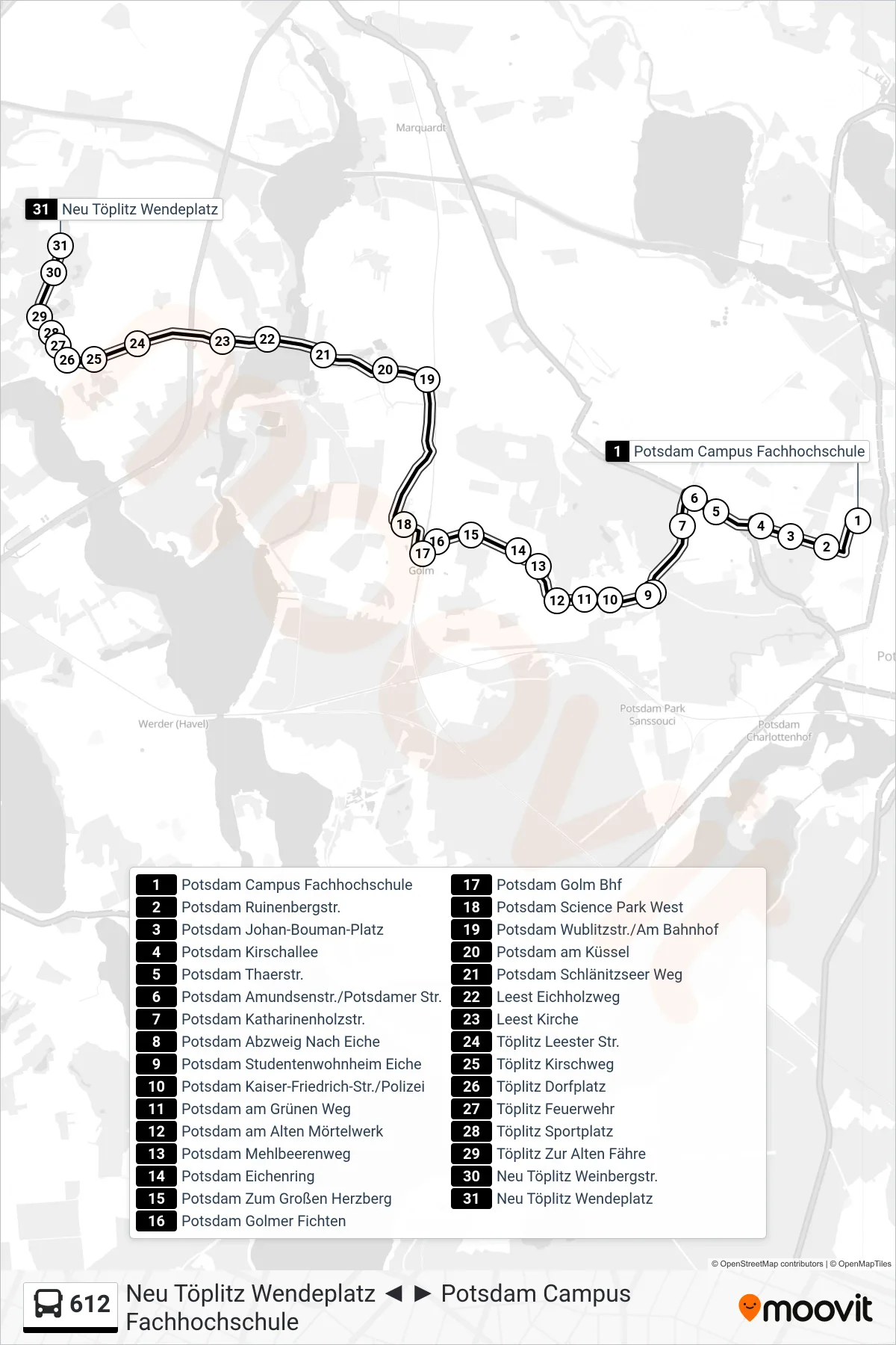 Linie 612 (Bus) Richtung Neu Töplitz Wendeplatz: Route und Haltestellen auf der Karte