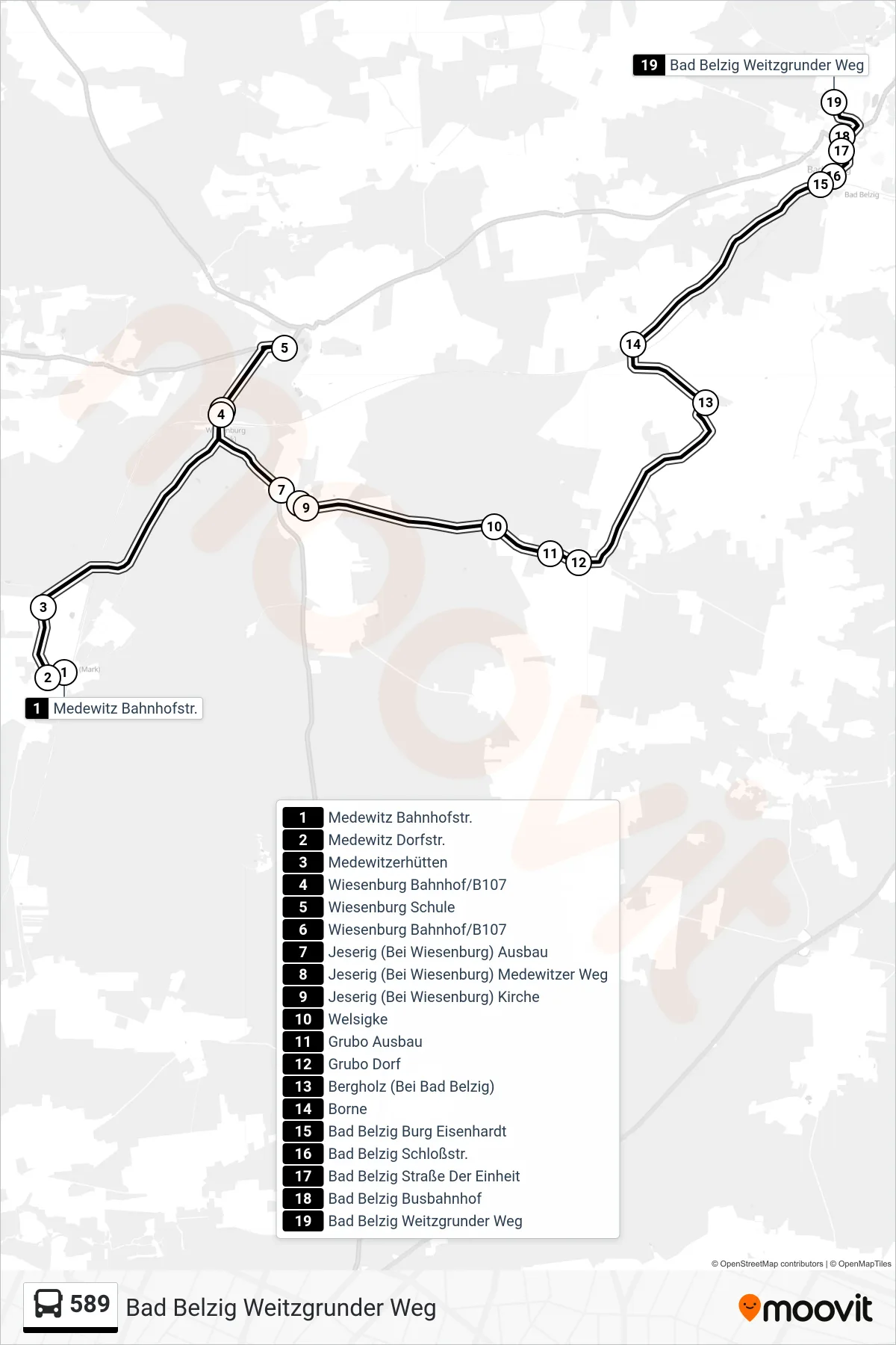 Linie 589 (Bus) Richtung Bad Belzig Weitzgrunder Weg: Route und Haltestellen auf der Karte
