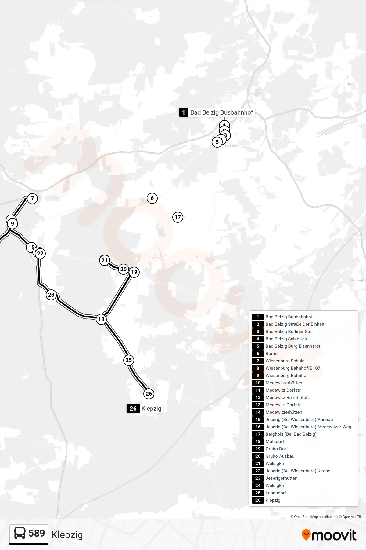 Linie 589 (Bus) Richtung Klepzig: Route und Haltestellen auf der Karte