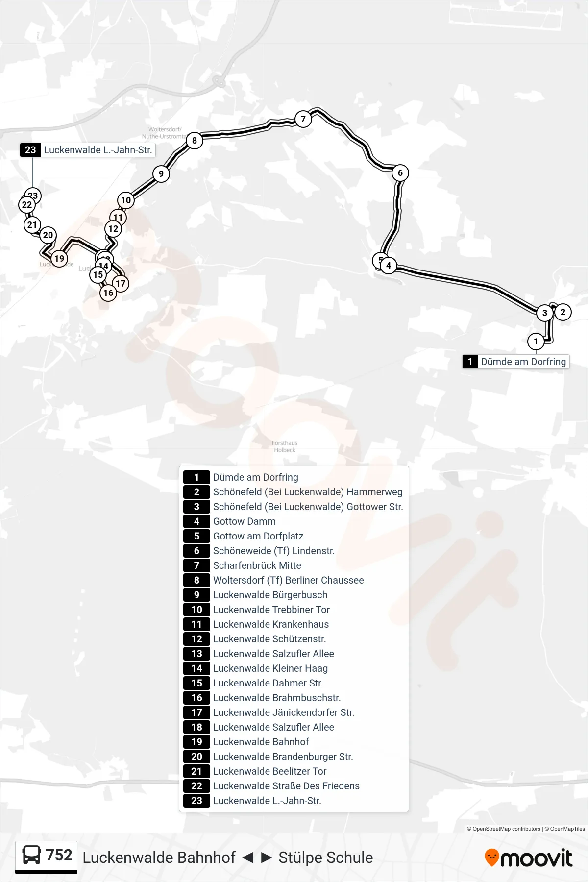 Linie 752 (Bus) Richtung Luckenwalde L.-Jahn-Str.: Route und Haltestellen auf der Karte