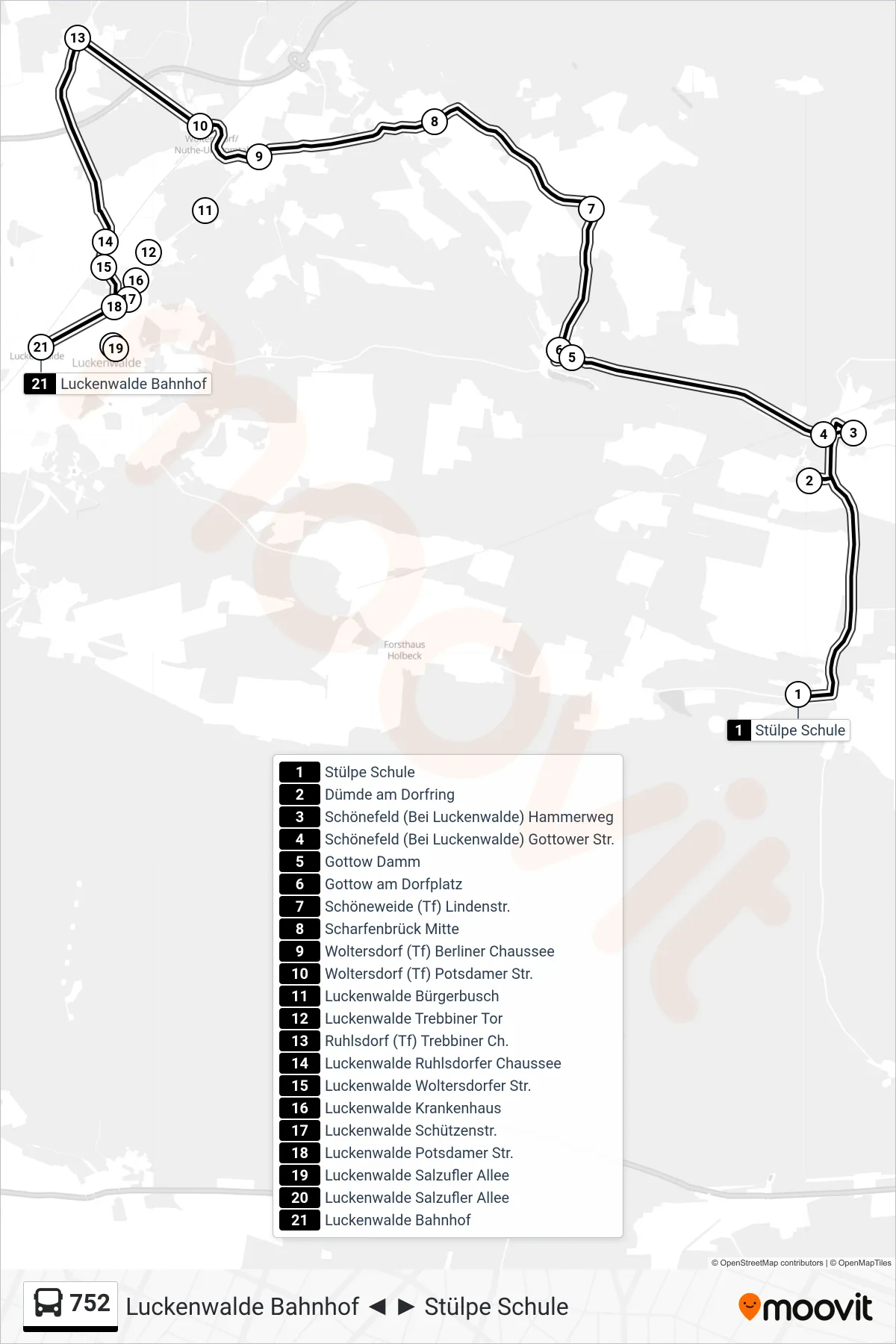Linie 752 (Bus) Richtung Luckenwalde Bahnhof: Route und Haltestellen auf der Karte