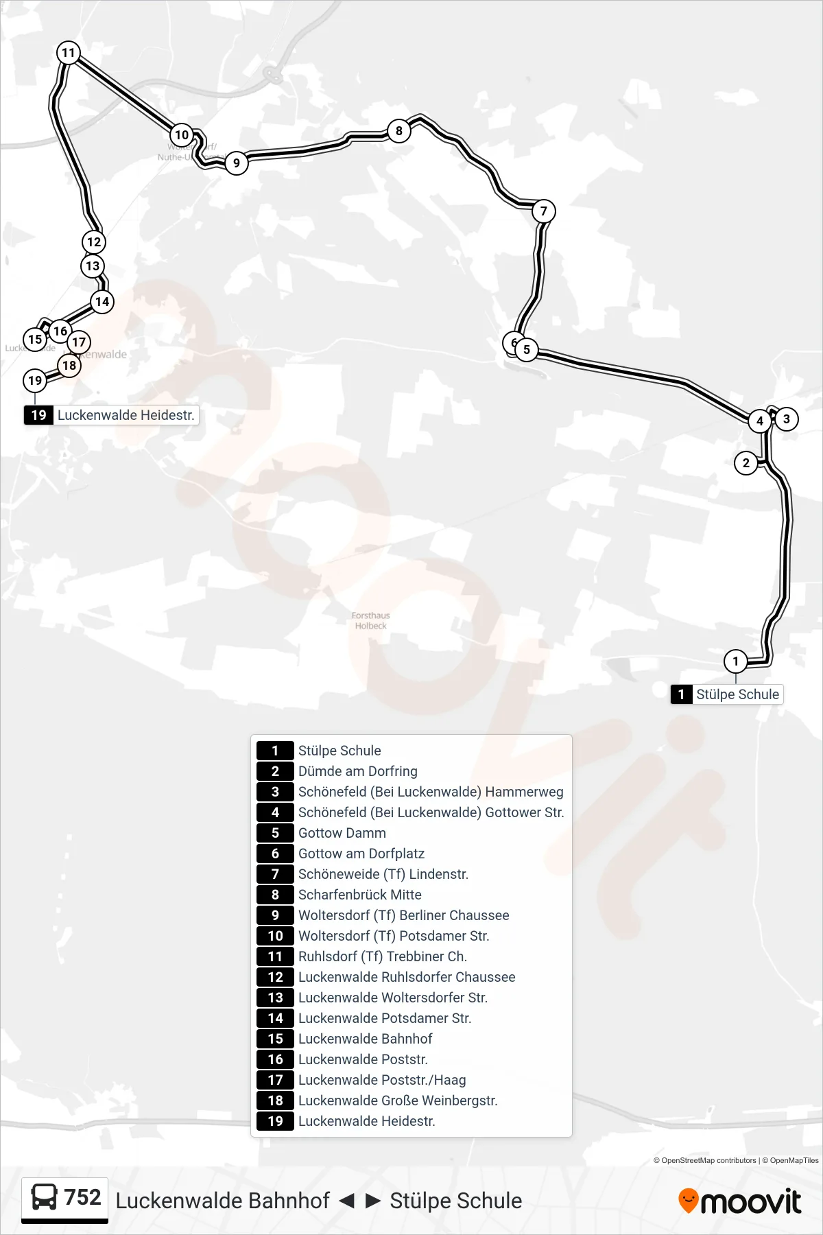 Linie 752 (Bus) Richtung Luckenwalde Heidestr.: Route und Haltestellen auf der Karte