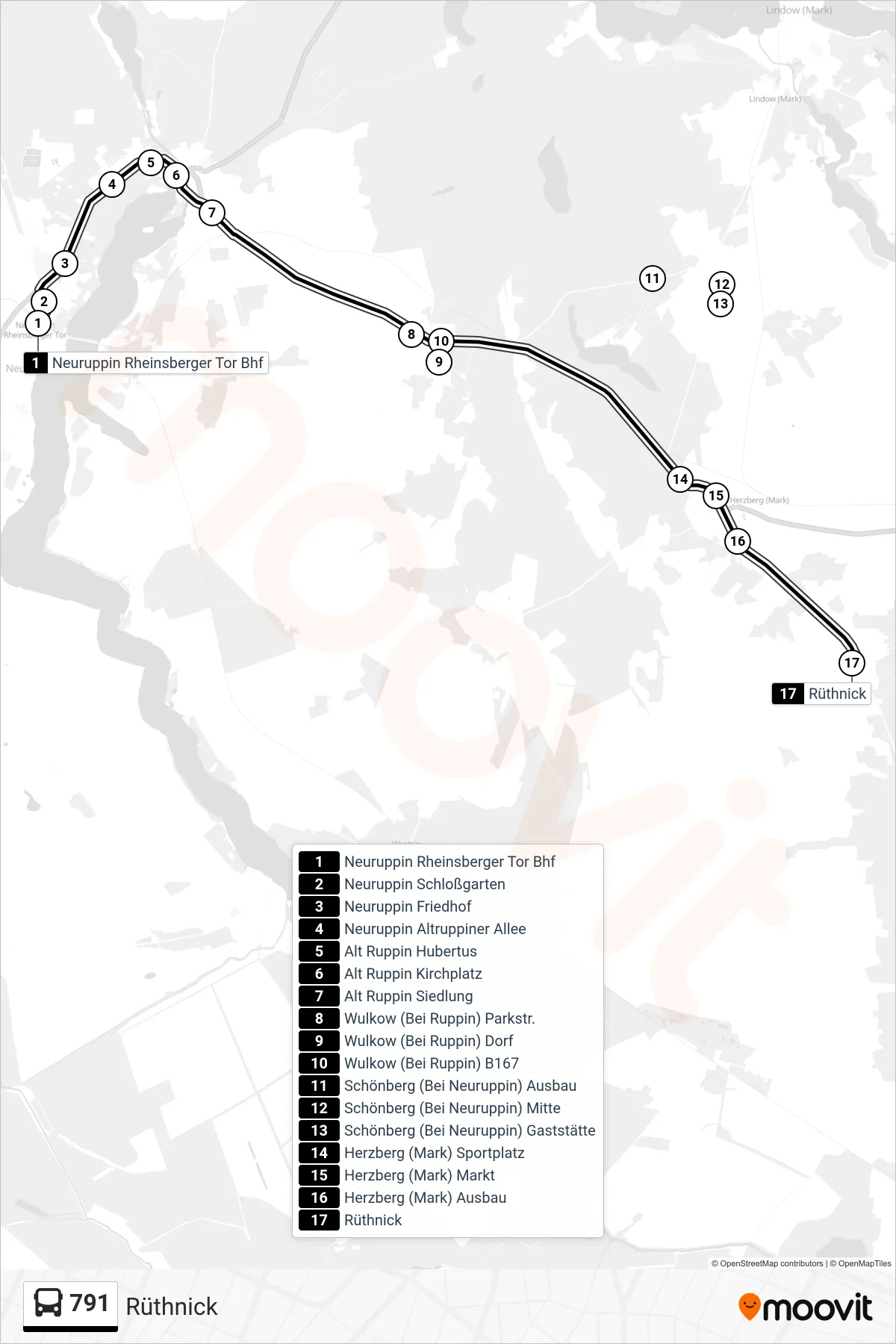 791 bus Line (Rüthnick) route and stops on a map