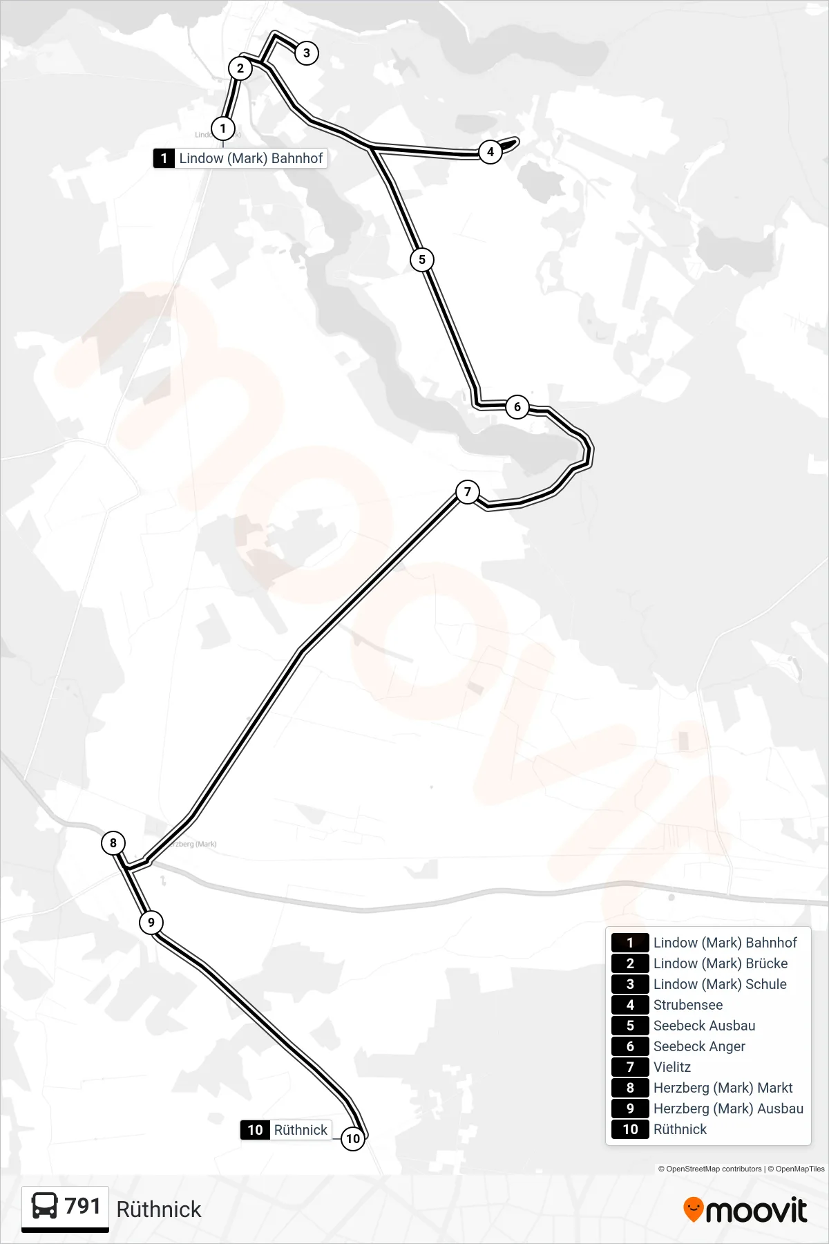 791 bus Line (Rüthnick) route and stops on a map