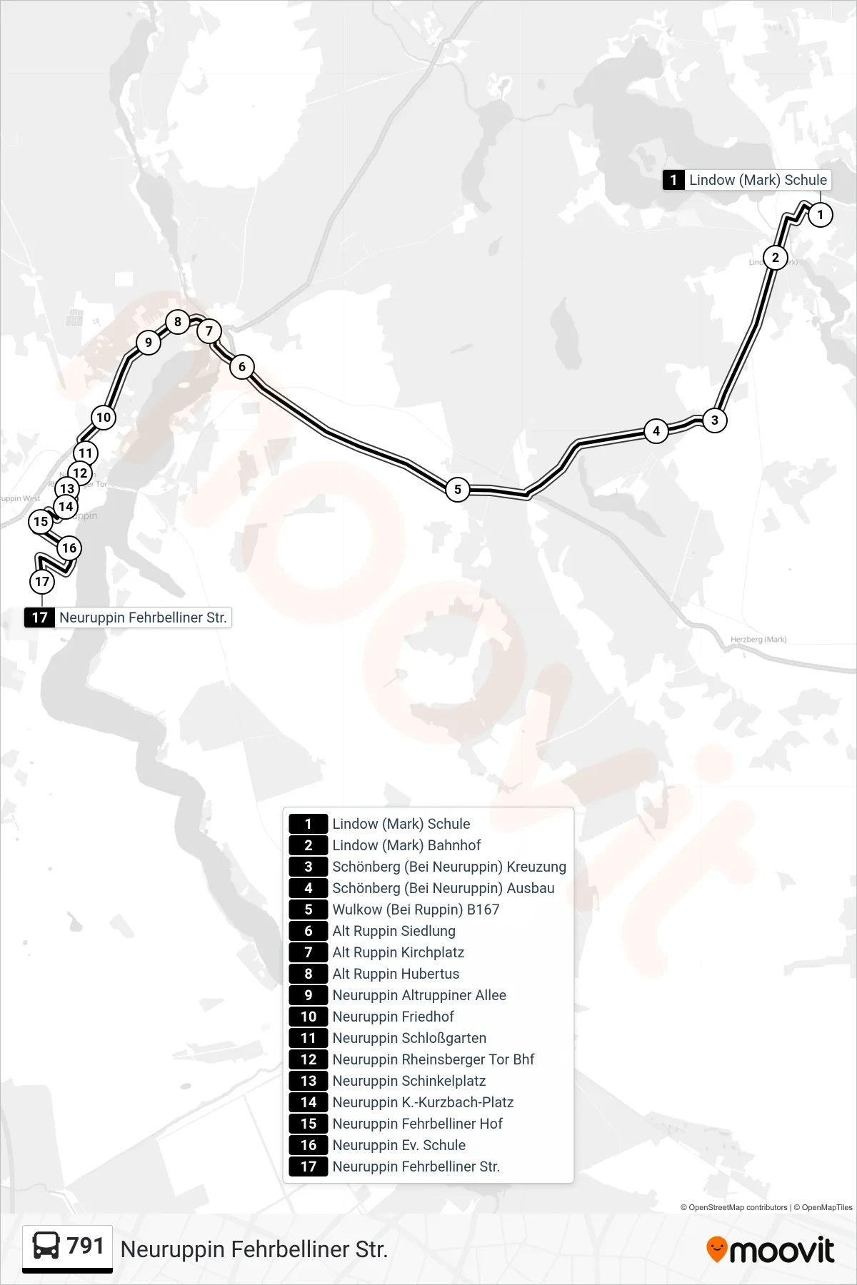 Linie 791 (Bus) Richtung Neuruppin Fehrbelliner Str.: Route und Haltestellen auf der Karte