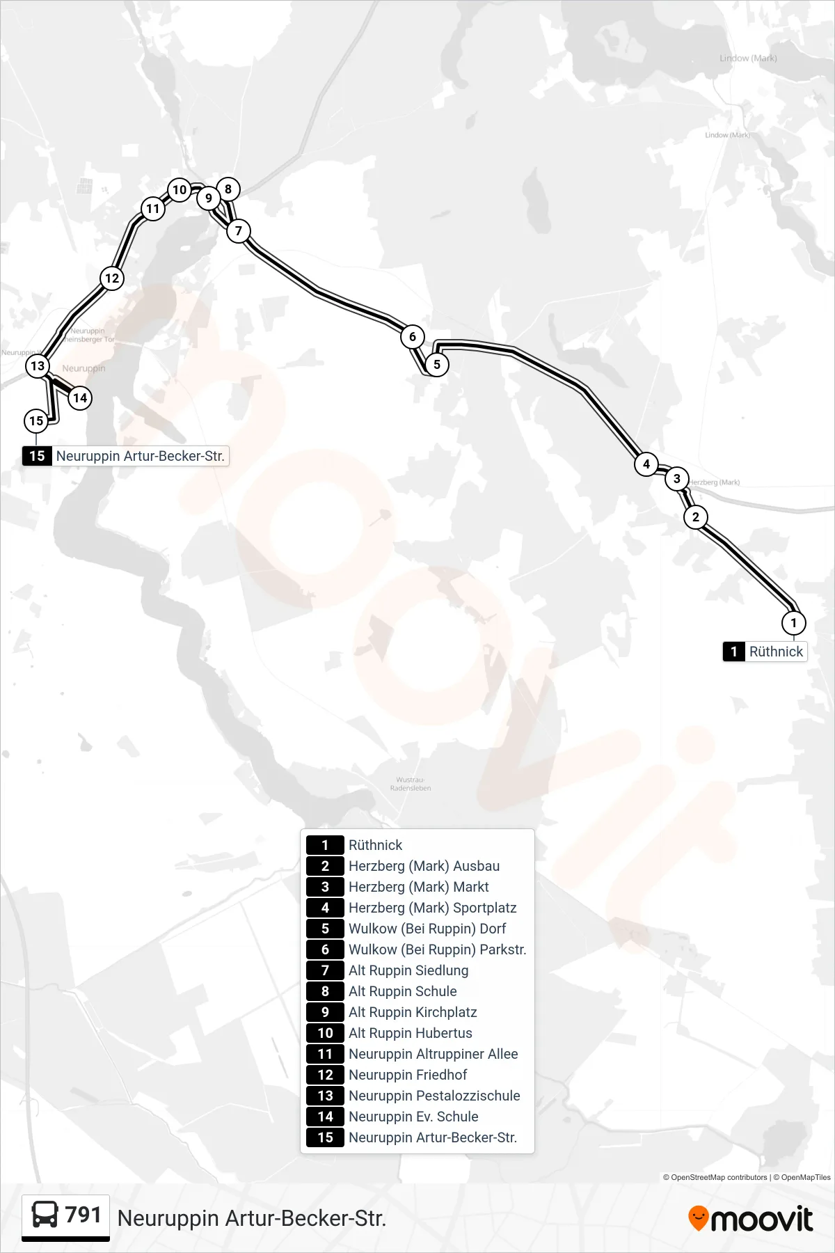 Linie 791 (Bus) Richtung Neuruppin Artur-Becker-Str.: Route und Haltestellen auf der Karte
