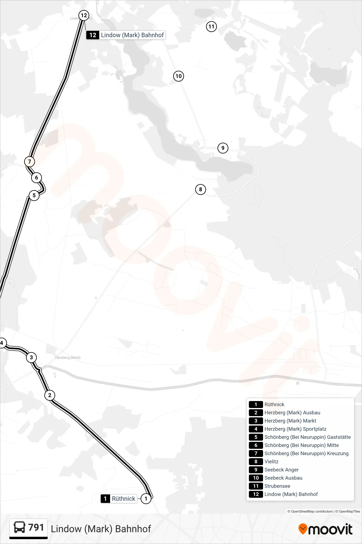 791 bus Line (Lindow (Mark) Bahnhof) route and stops on a map