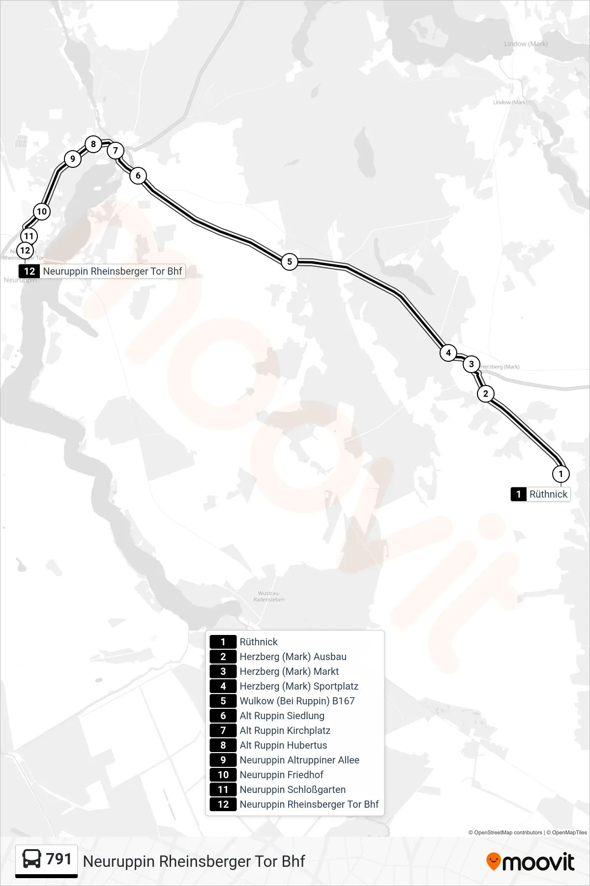 791 bus Line (Neuruppin Rheinsberger Tor Bhf) route and stops on a map
