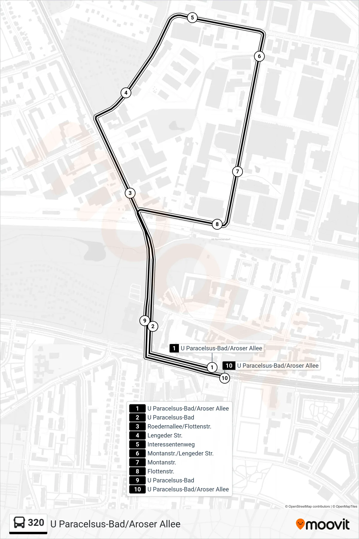 Linie 320 (Bus) Richtung U Paracelsus-Bad/Aroser Allee: Route und Haltestellen auf der Karte