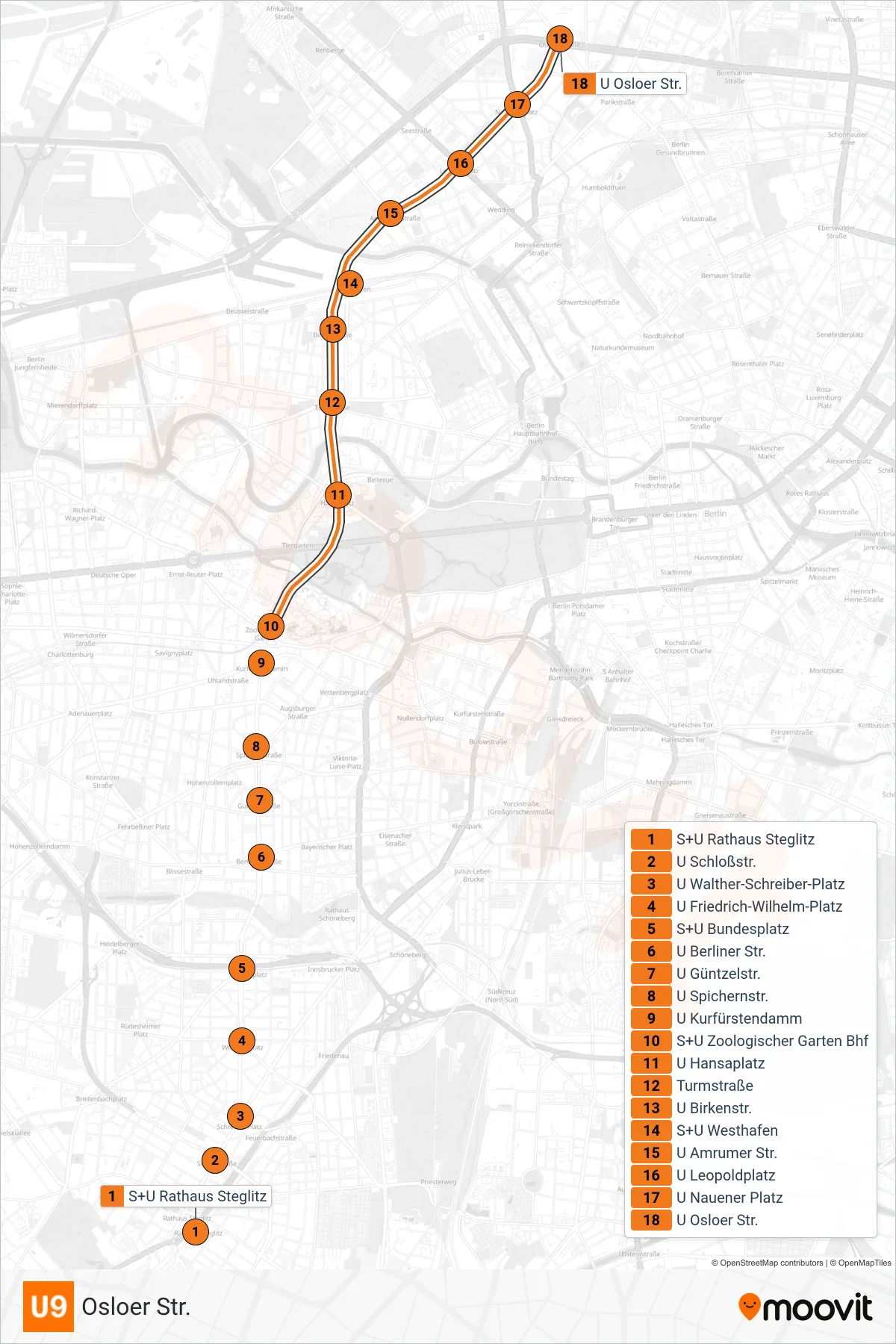 Linie U9 (U-Bahn) Richtung Osloer Str.: Route und Haltestellen auf der Karte