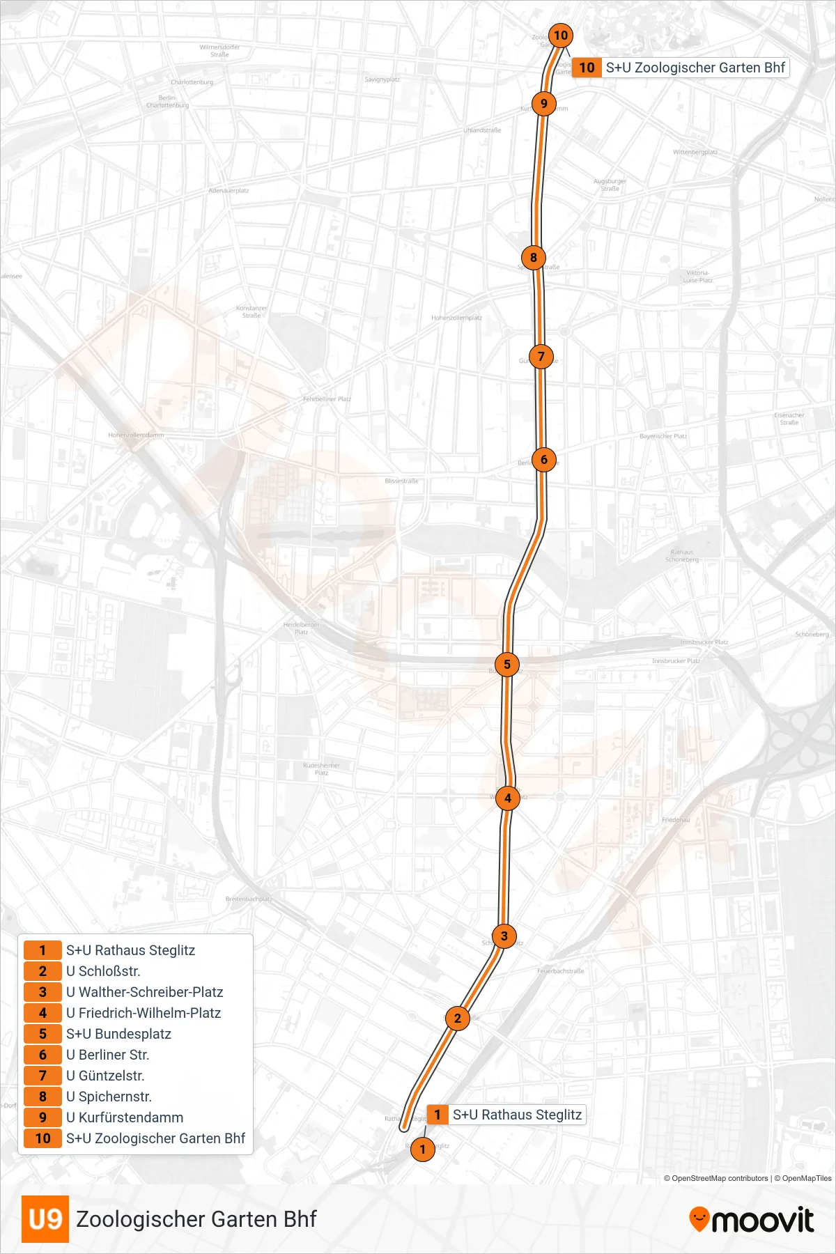 Linie U9 (U-Bahn) Richtung Zoologischer Garten Bhf: Route und Haltestellen auf der Karte