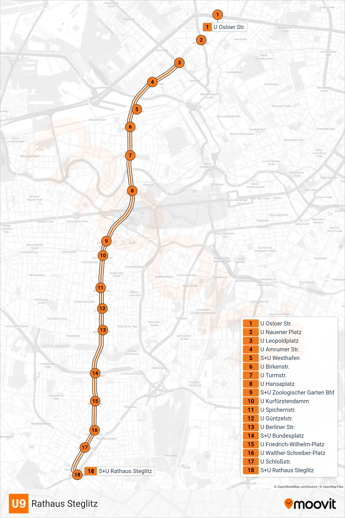 Linie U9 (U-Bahn) Richtung Rathaus Steglitz: Route und Haltestellen auf der Karte
