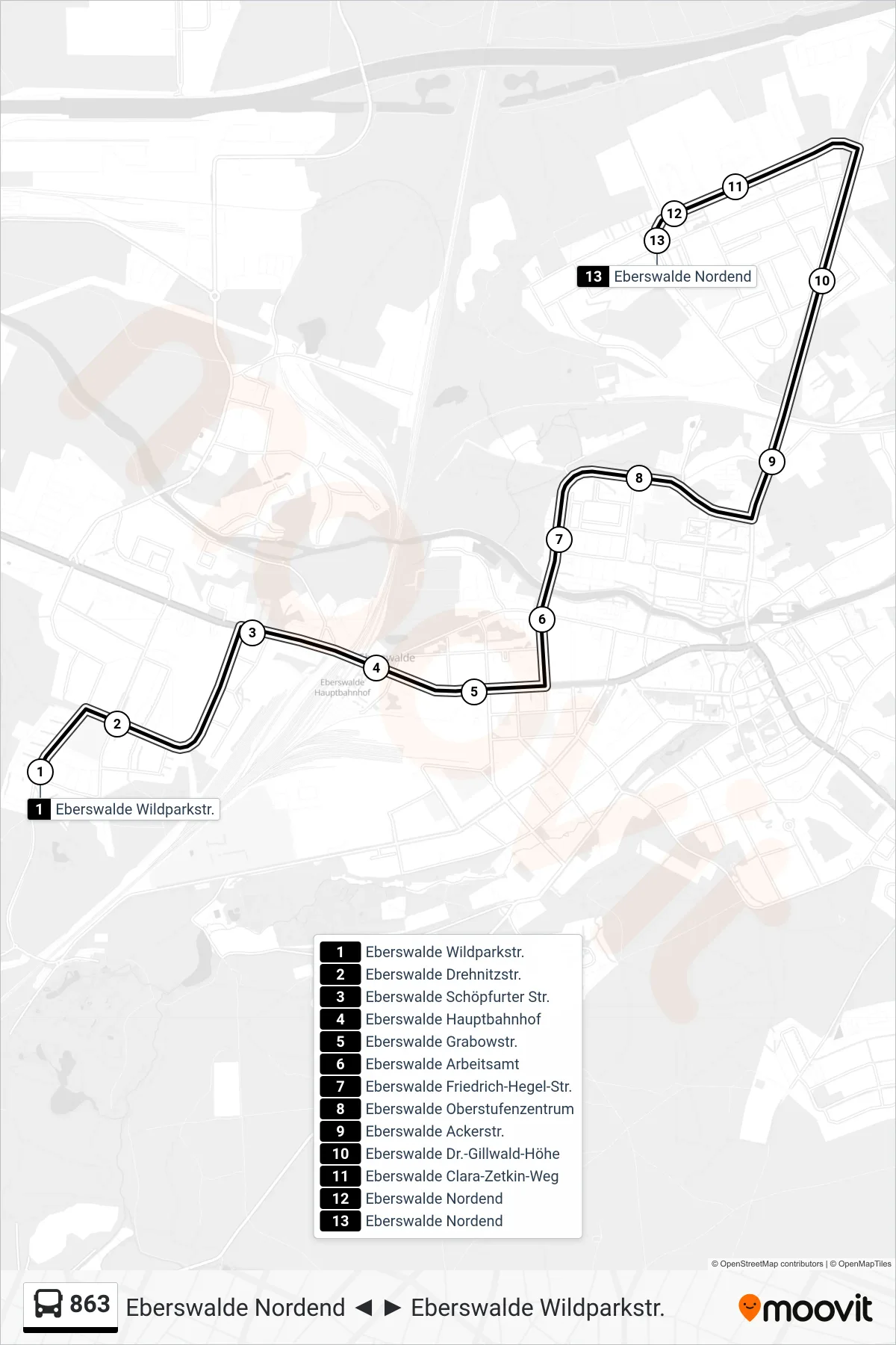 Linie 863 (Bus) Richtung Eberswalde Nordend: Route und Haltestellen auf der Karte