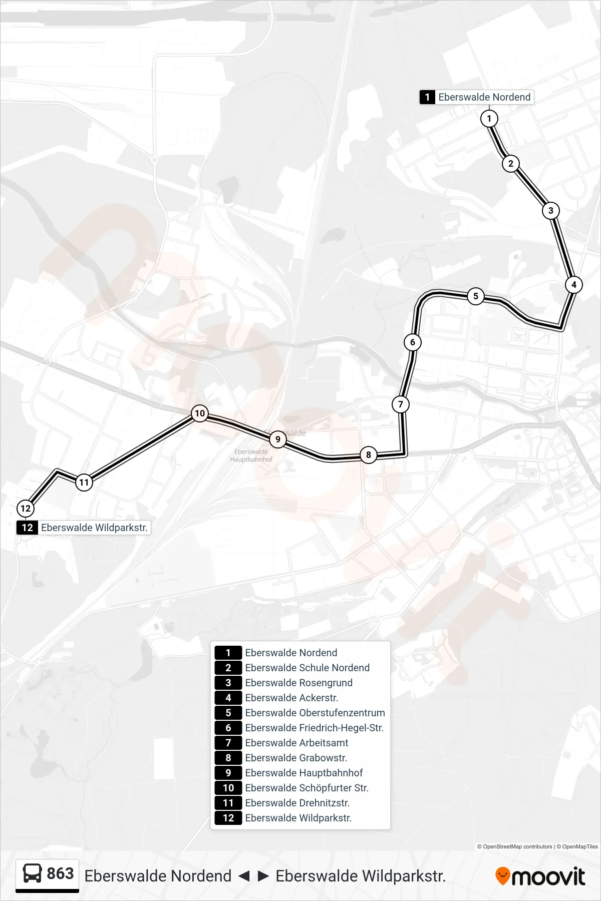 Linie 863 (Bus) Richtung Eberswalde Wildparkstr.: Route und Haltestellen auf der Karte