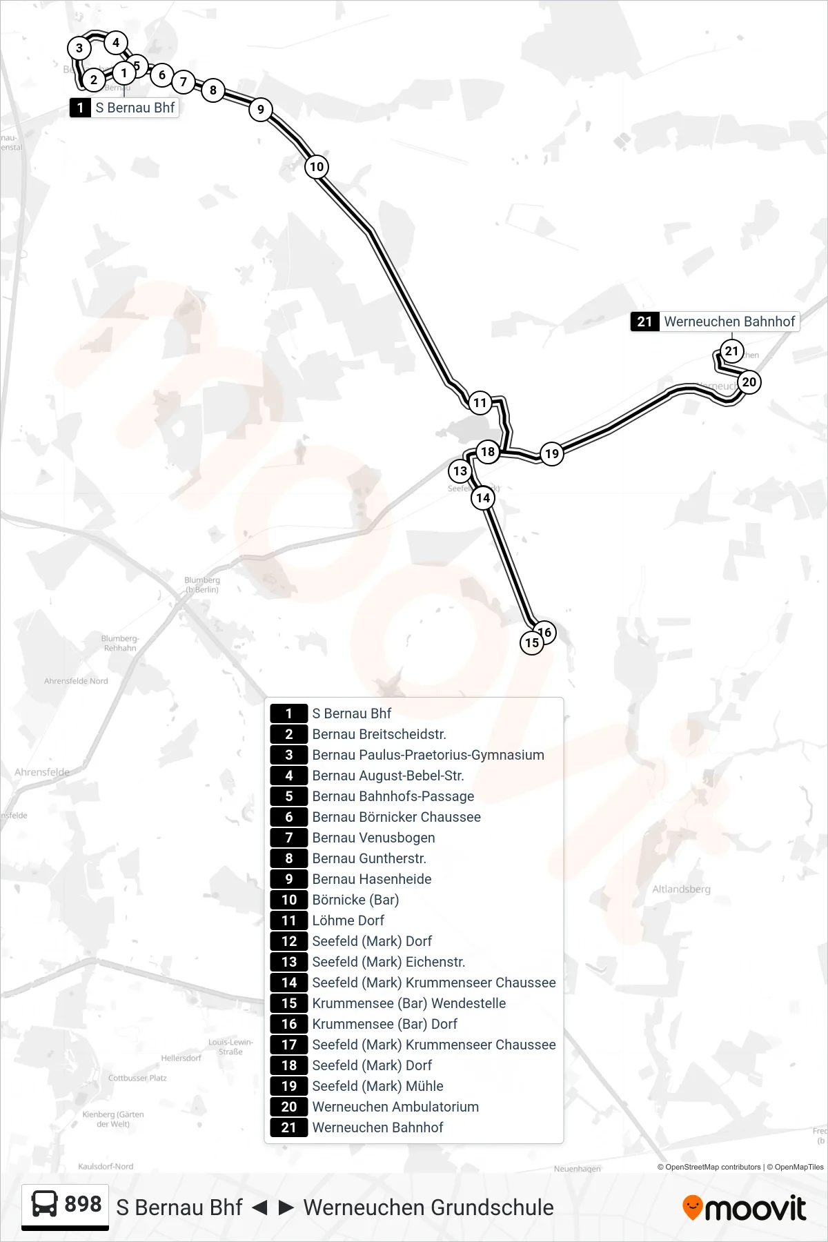 Linie 898 (Bus) Richtung Werneuchen Bahnhof: Route und Haltestellen auf der Karte