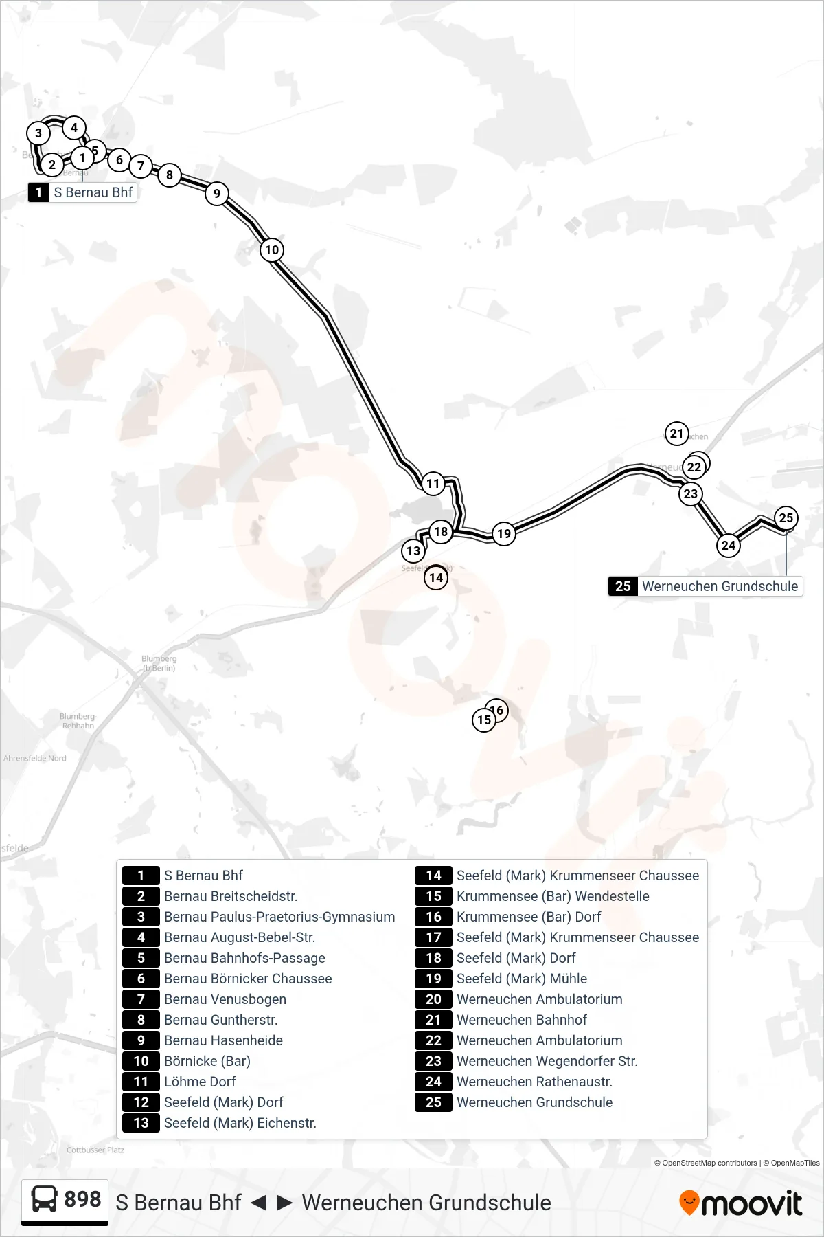Linie 898 (Bus) Richtung Werneuchen Grundschule: Route und Haltestellen auf der Karte