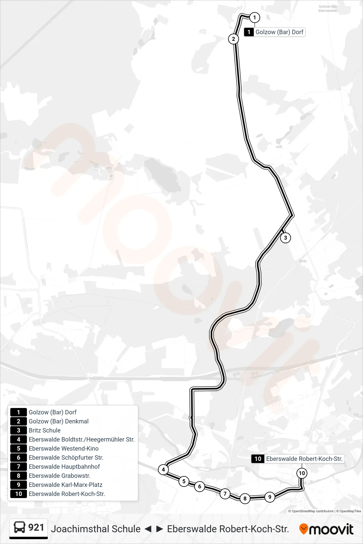 921 bus Line (Eberswalde Robert-Koch-Str.) route and stops on a map