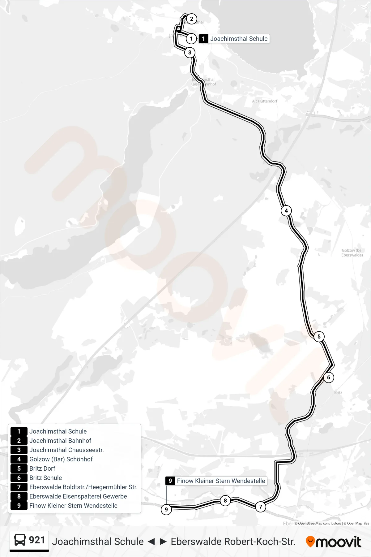Linie 921 (Bus) Richtung Finow Kleiner Stern Wendestelle: Route und Haltestellen auf der Karte