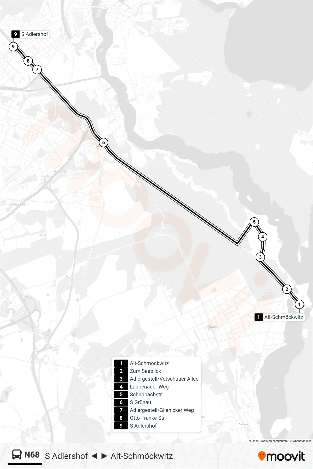 Linie N68 (Bus) Richtung S Adlershof: Route und Haltestellen auf der Karte