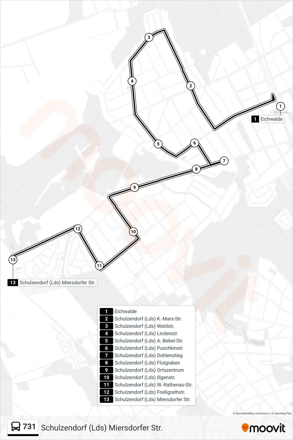 Linie 731 (Bus) Richtung Schulzendorf (Lds) Miersdorfer Str.: Route und Haltestellen auf der Karte