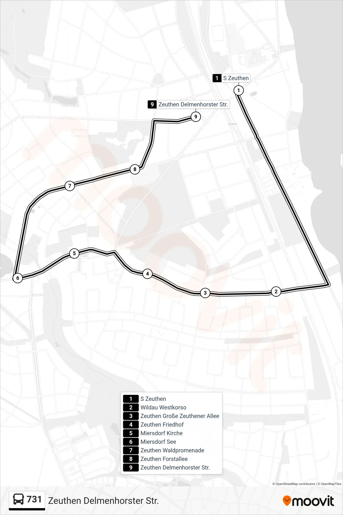 Linie 731 (Bus) Richtung Zeuthen Delmenhorster Str.: Route und Haltestellen auf der Karte