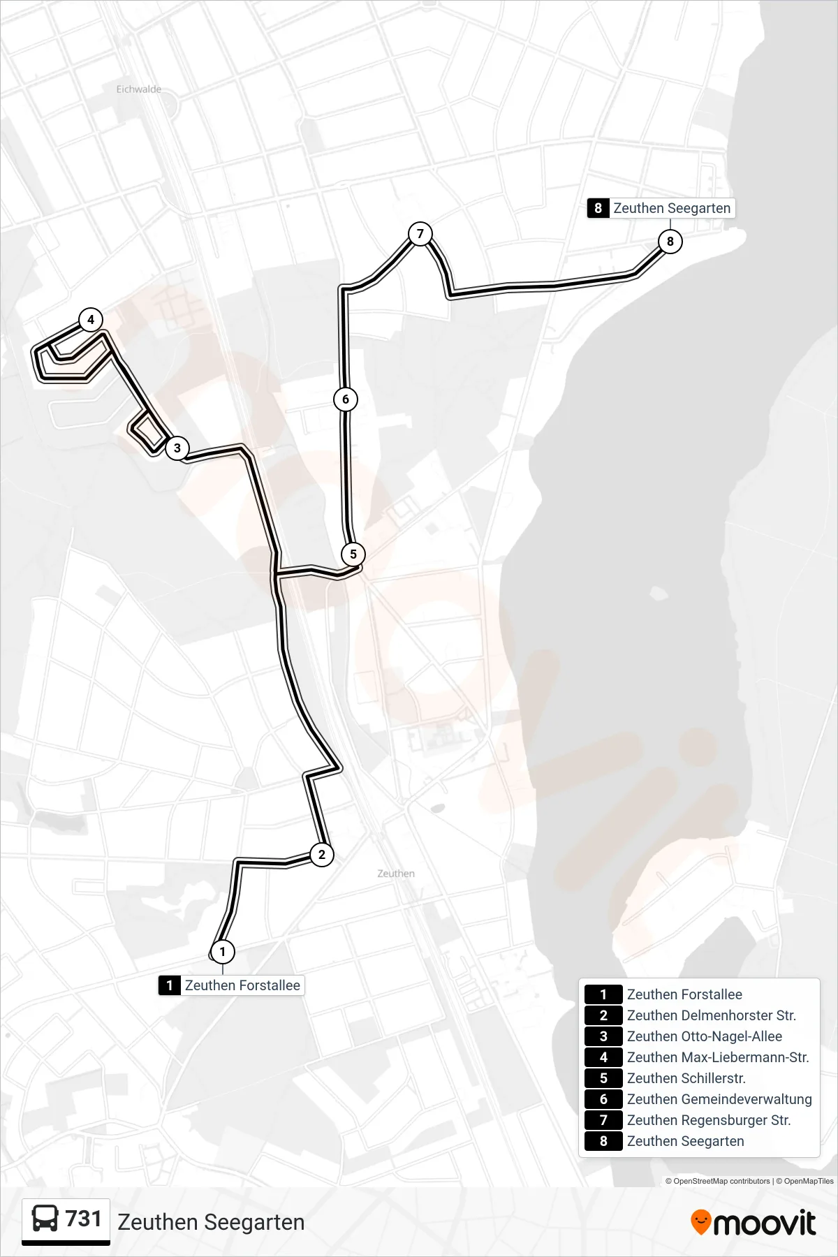 Linie 731 (Bus) Richtung Zeuthen Seegarten: Route und Haltestellen auf der Karte