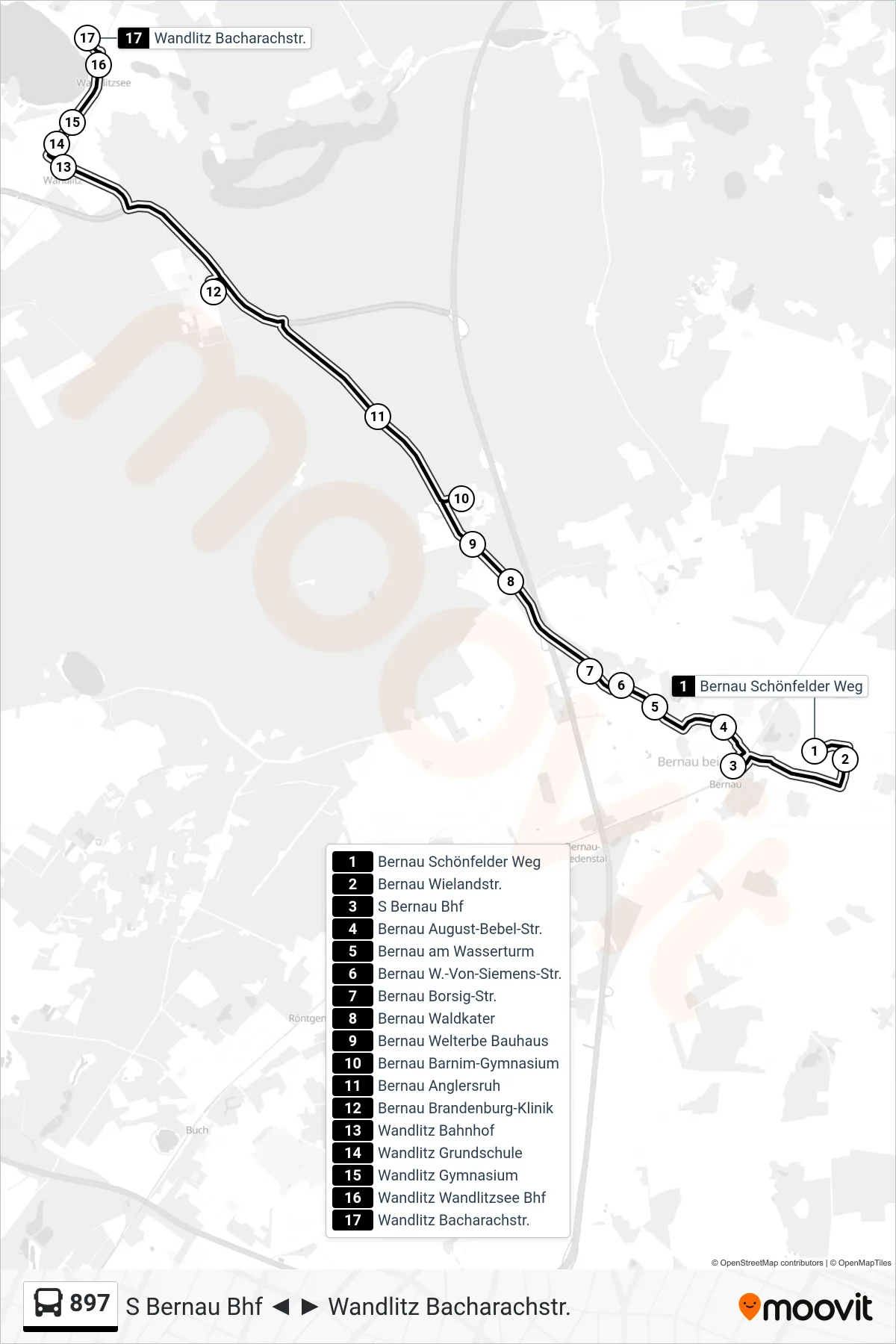 Linie 897 (Bus) Richtung Wandlitz Bacharachstr.: Route und Haltestellen auf der Karte