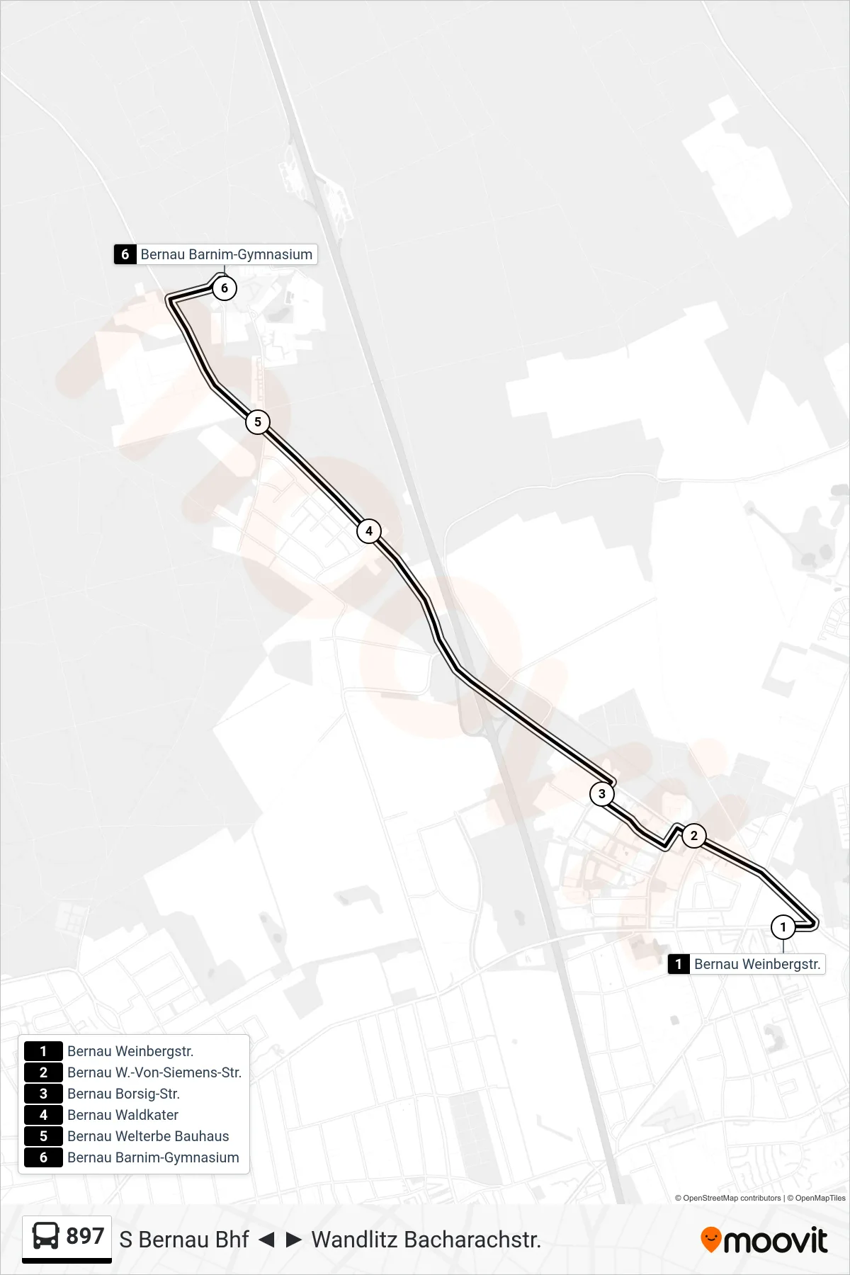 Linie 897 (Bus) Richtung Bernau Barnim-Gymnasium: Route und Haltestellen auf der Karte