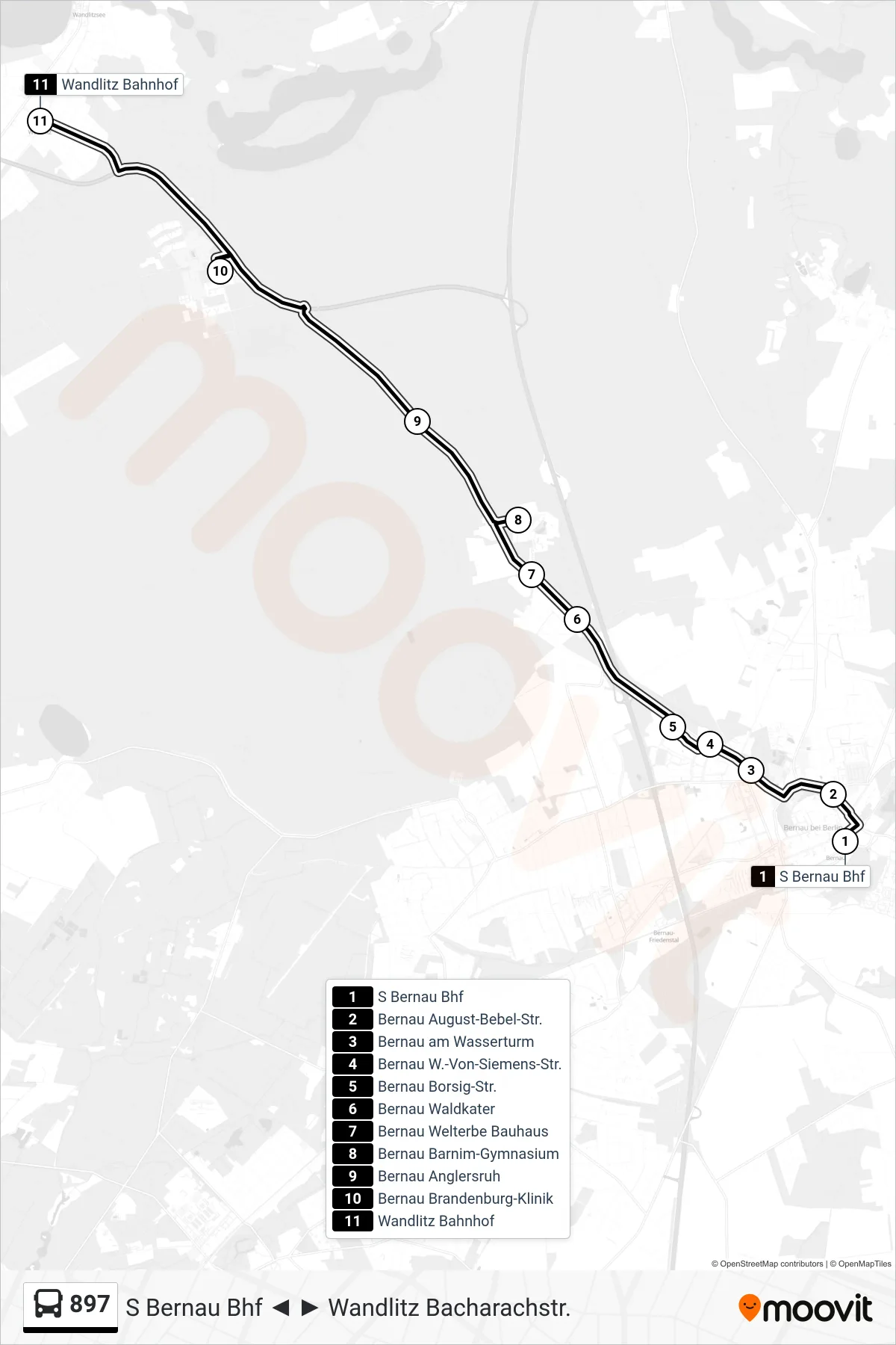Linie 897 (Bus) Richtung Wandlitz Bahnhof: Route und Haltestellen auf der Karte